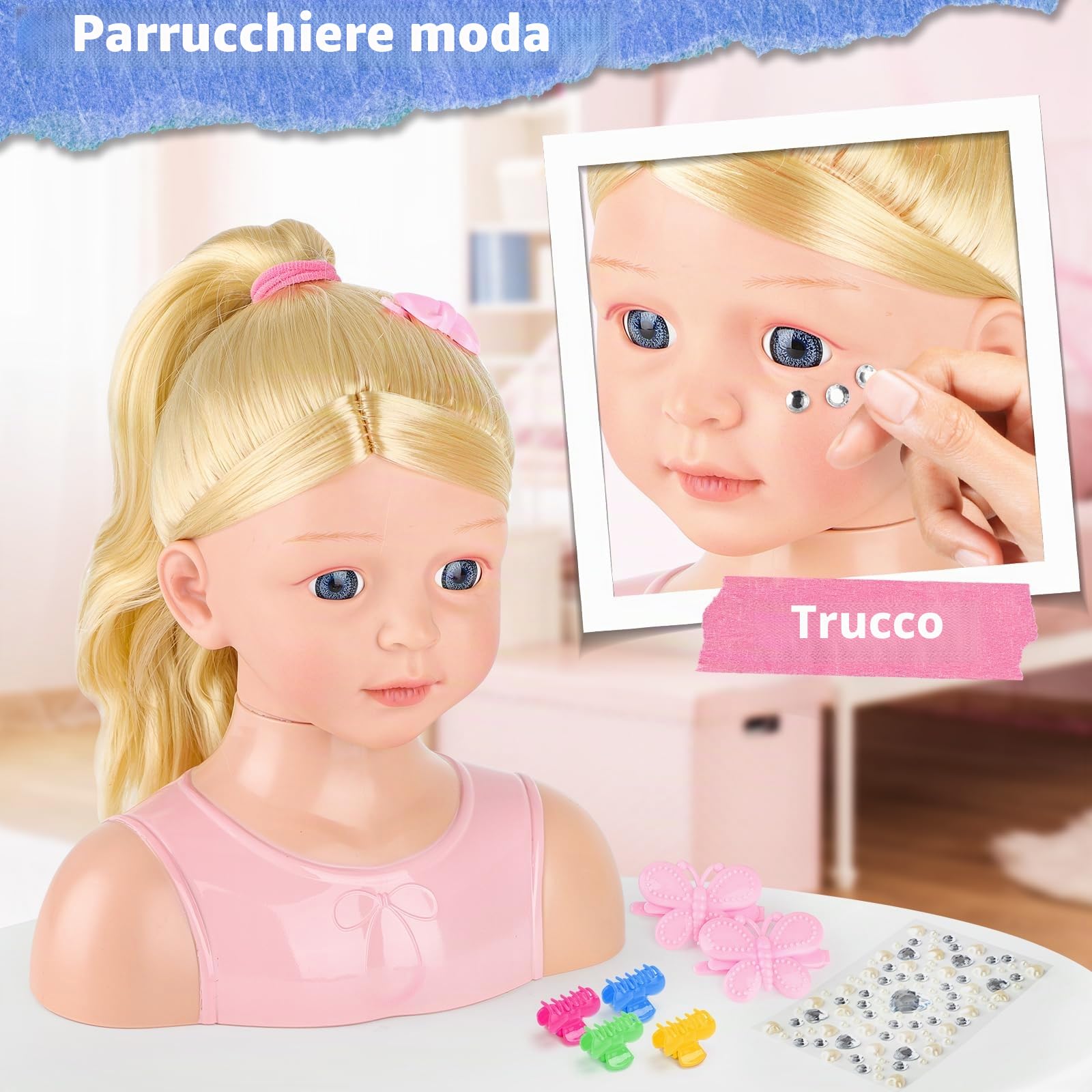deAO Testa da Truccare e Pettinare 23cm, Testa Bambola Principessa con Capelli Lunghi Biondi, mollette capelli, testina per parrucchiere e trucco e Accessori Parrucchiere per Bambine