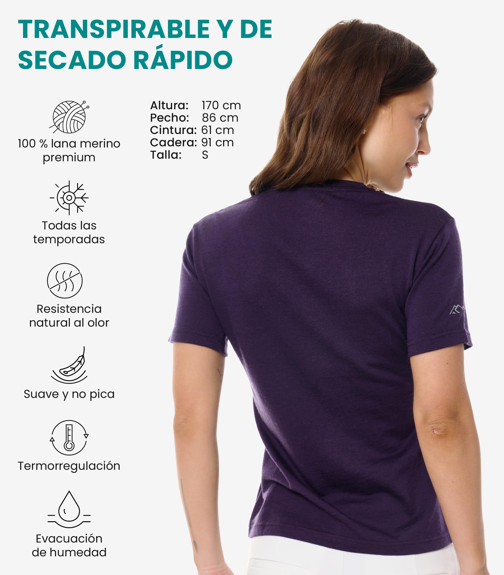Merino.tech Camiseta Lana Merino Mujer — 100% Merino Lana Camiseta Interior Mujer con Calcetines (Large, Dark Purple V-Neck)
