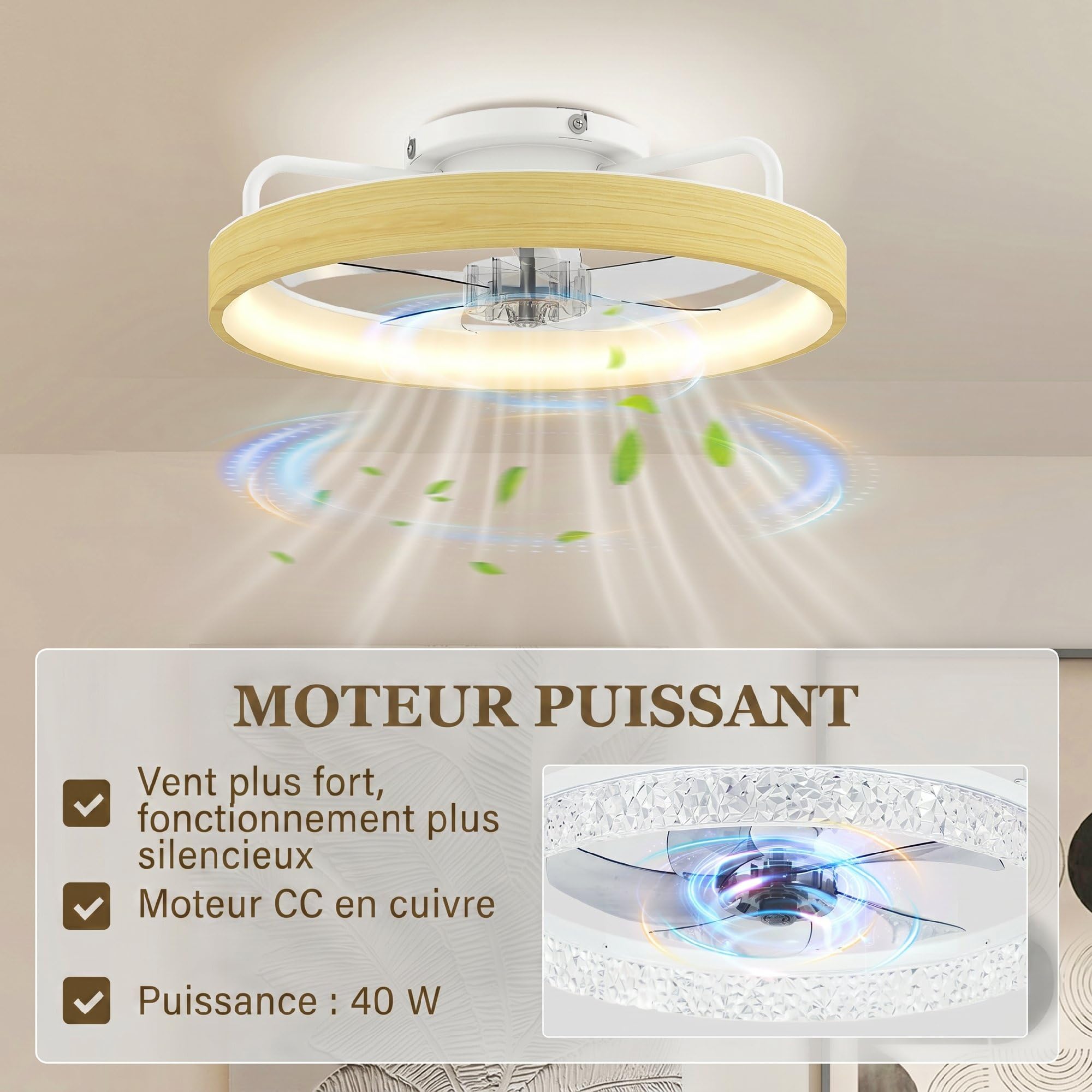 HOMCOM Ventilateur de plafond avec lumière LED plafonnier ventilateur Ø49 cm 7 pales moteur DC silencieux 6 vitesses 3 températures de couleur luminosité réglable télécommande minuterie mode été-hiver