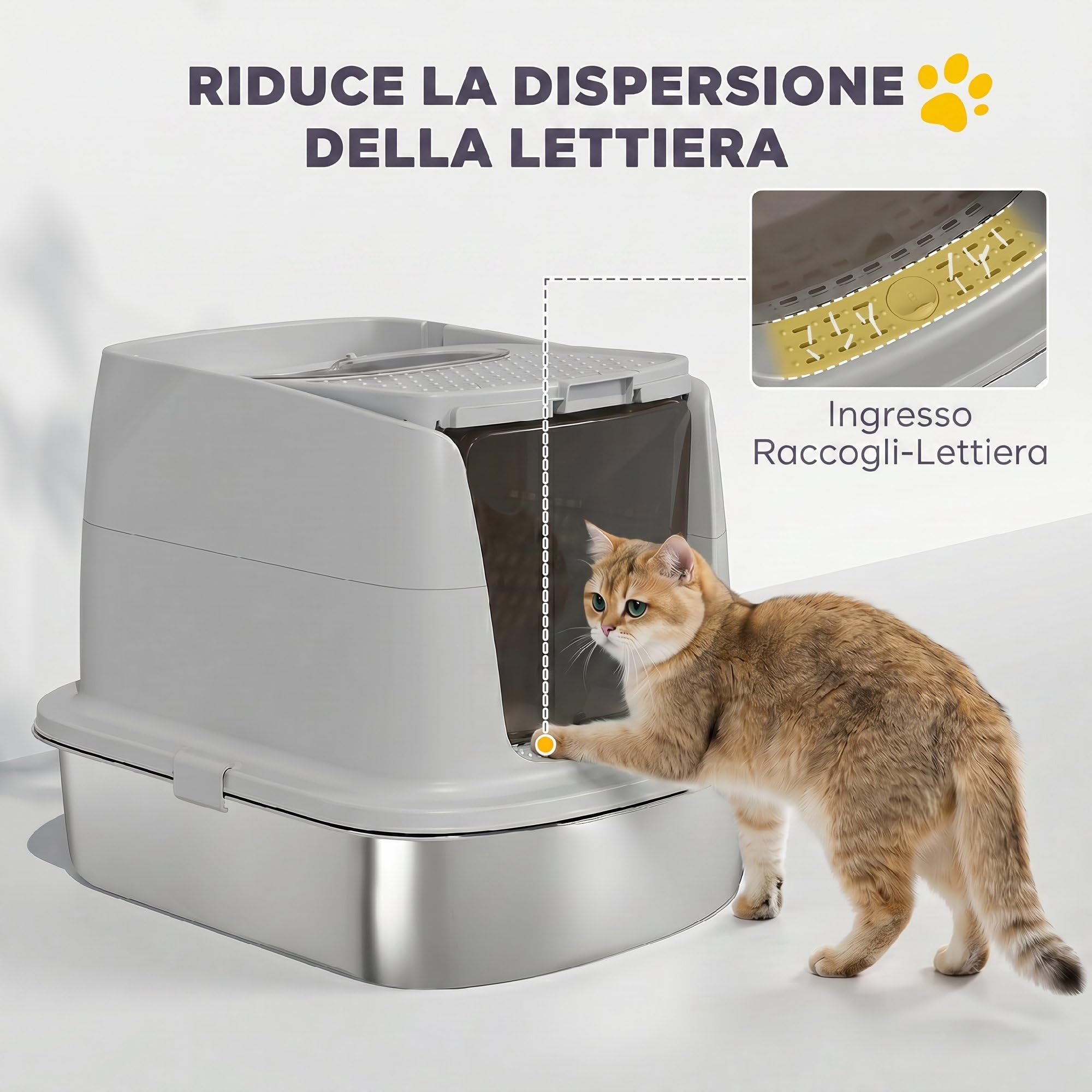 PawHut Lettiera per Gatti Chiusa Acciaio Inox con Pareti Alte Grigio Chiaro | Ribaltabile, Toilette per Gatti, Doppia Porta, Paletta, Antiperdita, Antiodore, Facile da Pulire, 52.4x41.3x39.8 cm