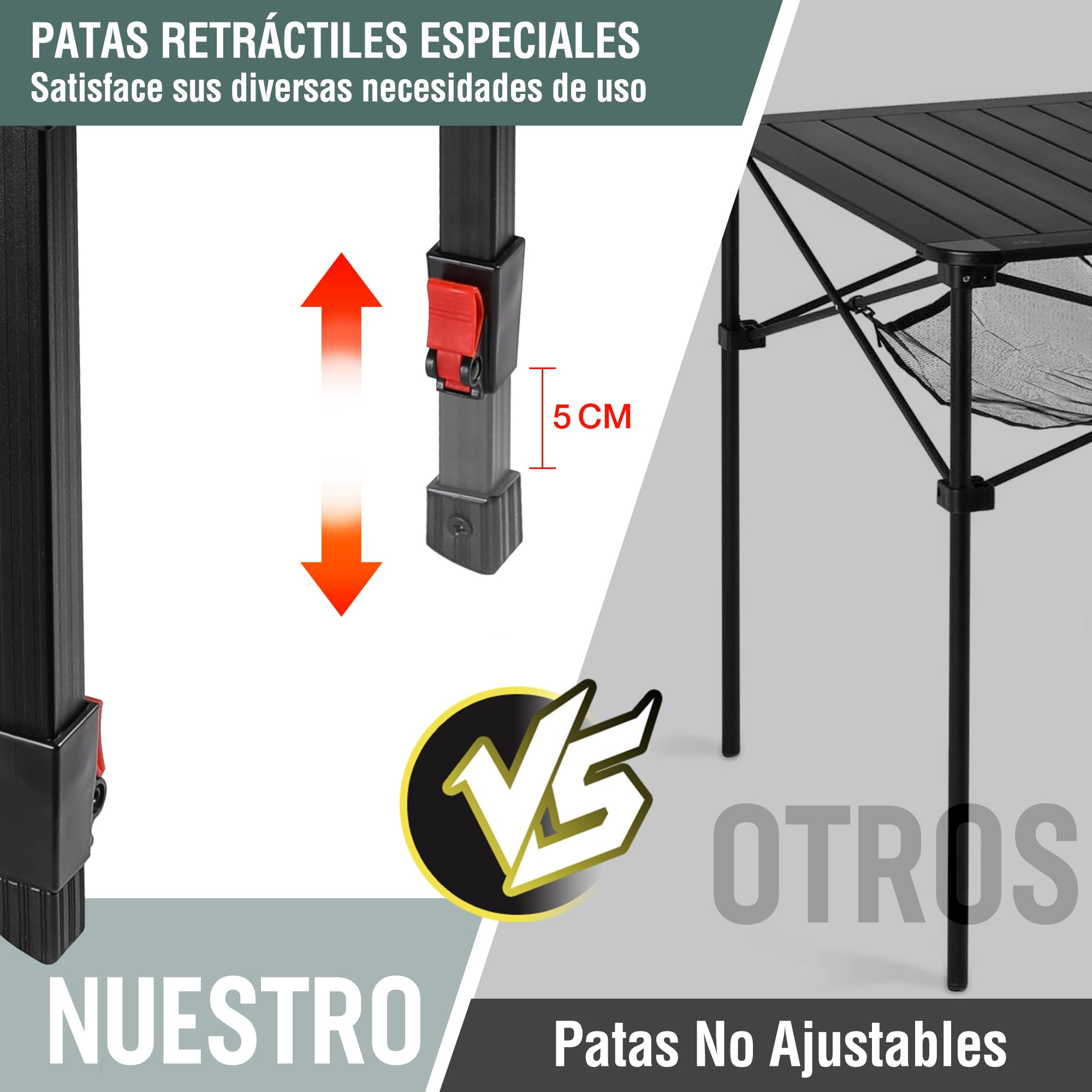 VILLEY Mesa Plegable con Bolsa de Transporte, Mesa Plegable Portátil de Aluminio, Mesa de Camping de Altura Ajustable, Mesa de Acampada para Picnic, Pesca, Camping, Playa y Extrior, 70 * 70 * 78cm