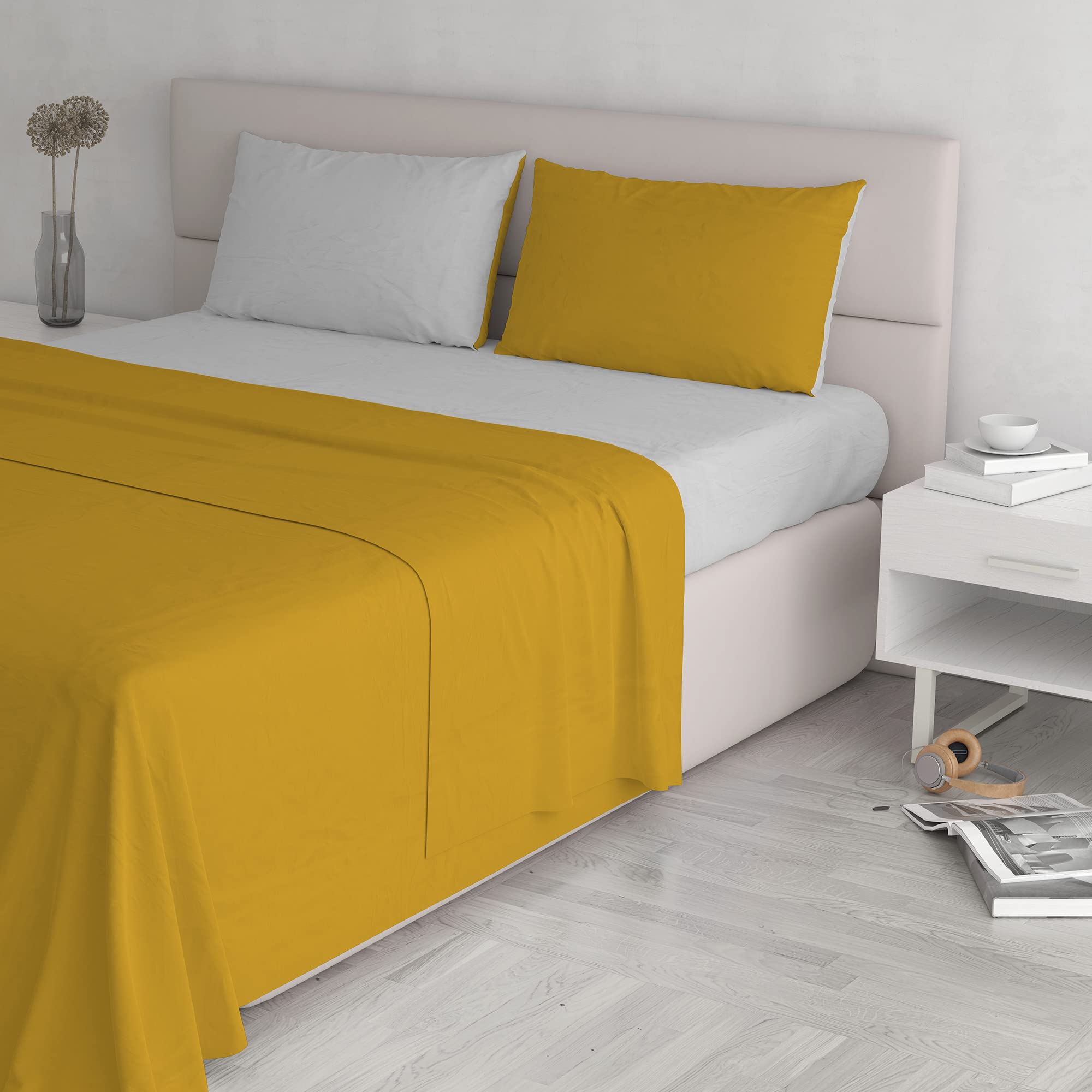 Italian Bed Linen “ Natural Color” Bed Linen Set, Mustard/Light Gray, Double