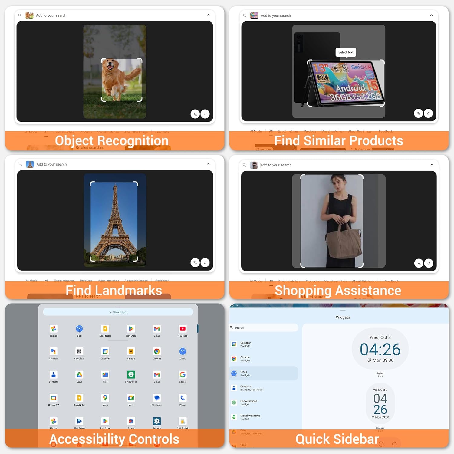 Image demonstrating various software features like Object Recognition, Find Similar Products, Find Landmarks, Shopping Assistance, Accessibility Controls, and Quick Sidebar.