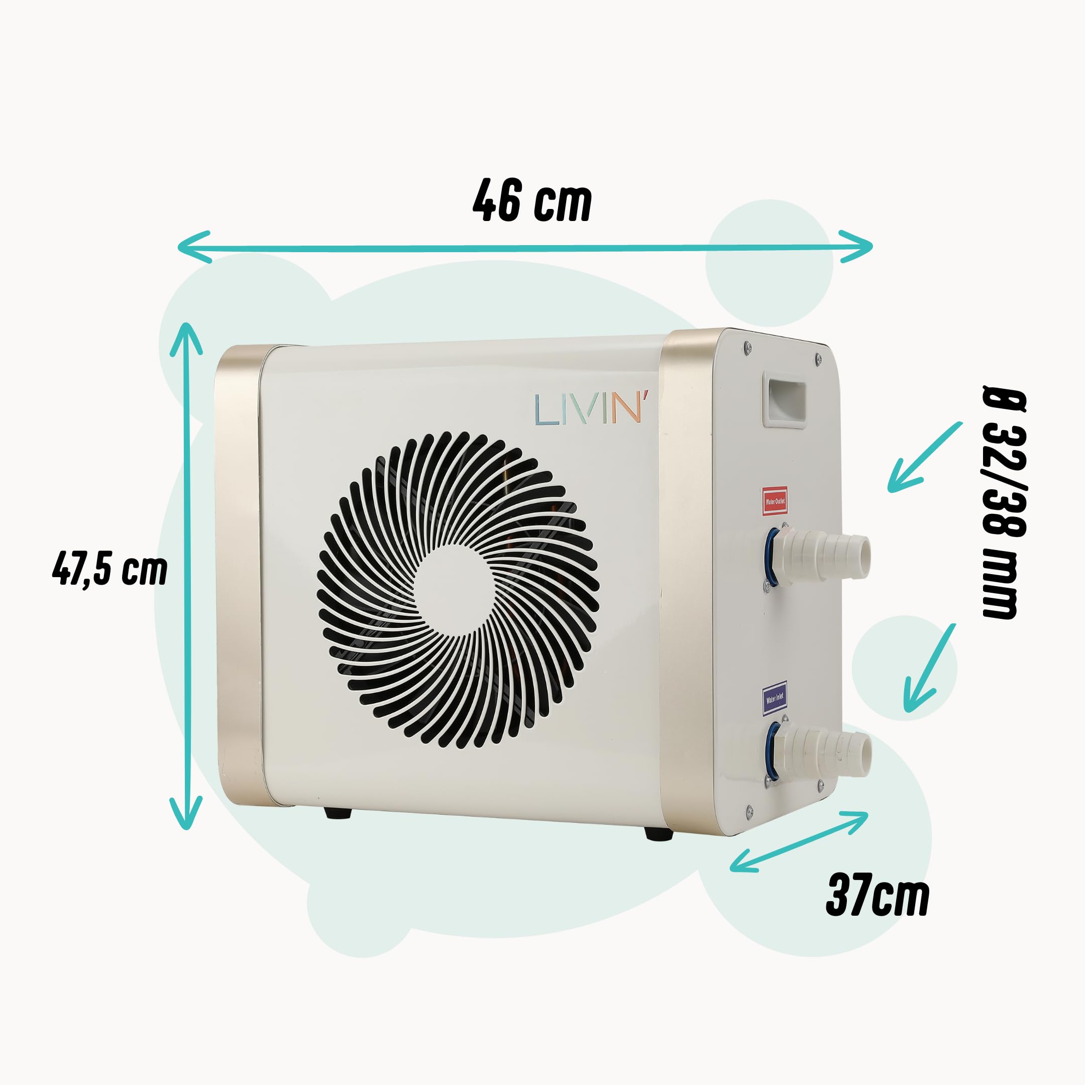 LIVIN' Minibomba de calor para piscina de 5 kW, accesorios para piscina con 32/38 mm de diámetro, para calentar piscinas grandes con 20.000 L de capacidad, indicador LED, corriente de 230 V,