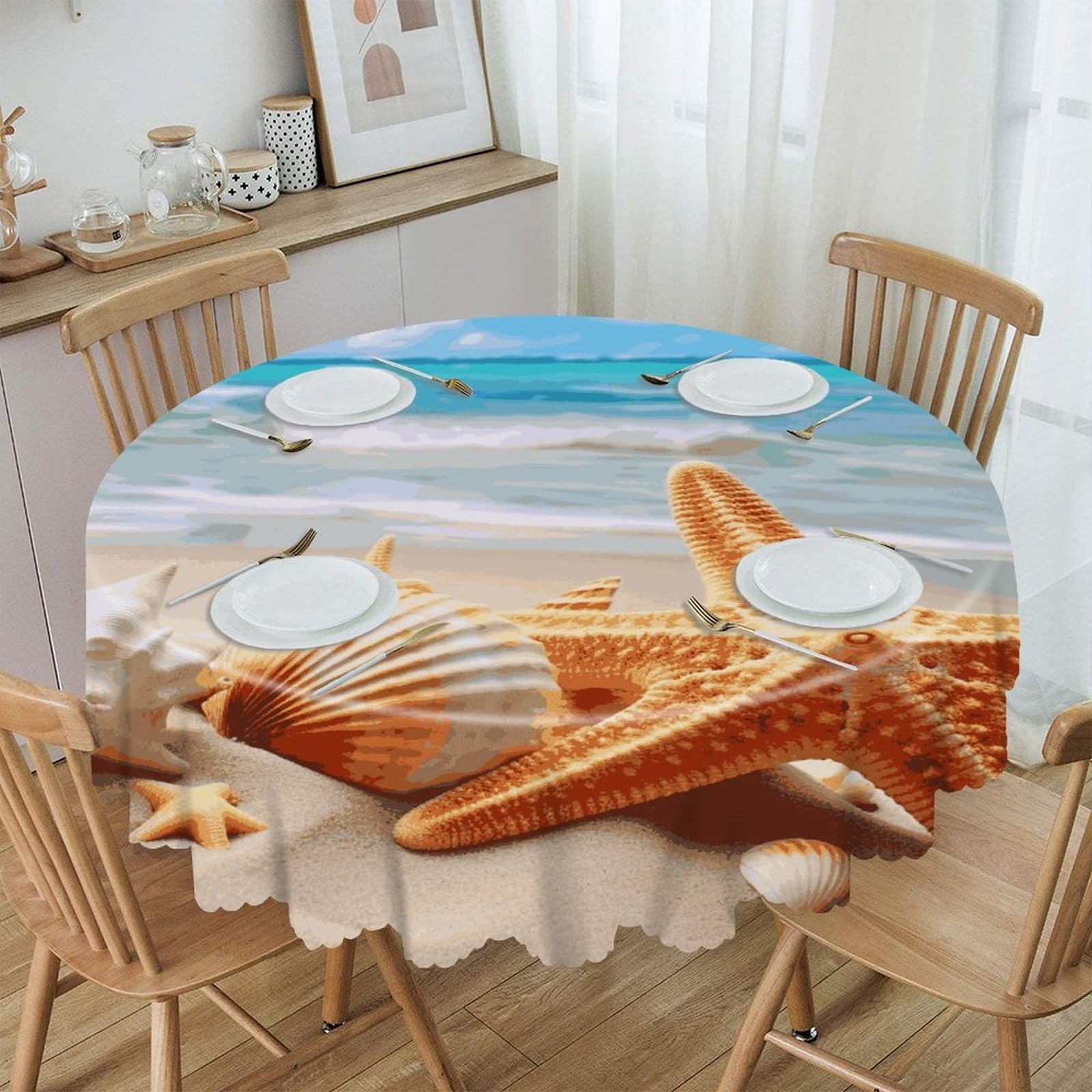FekiLoot Starfish Seashell Ocean Beach Round Tablecloth 60 Inch Waterproof Heavy Duty Table Cloth Spillproof Washable Table Cover Wrinkle Resistant Tablecloths Decorative Table Cloths