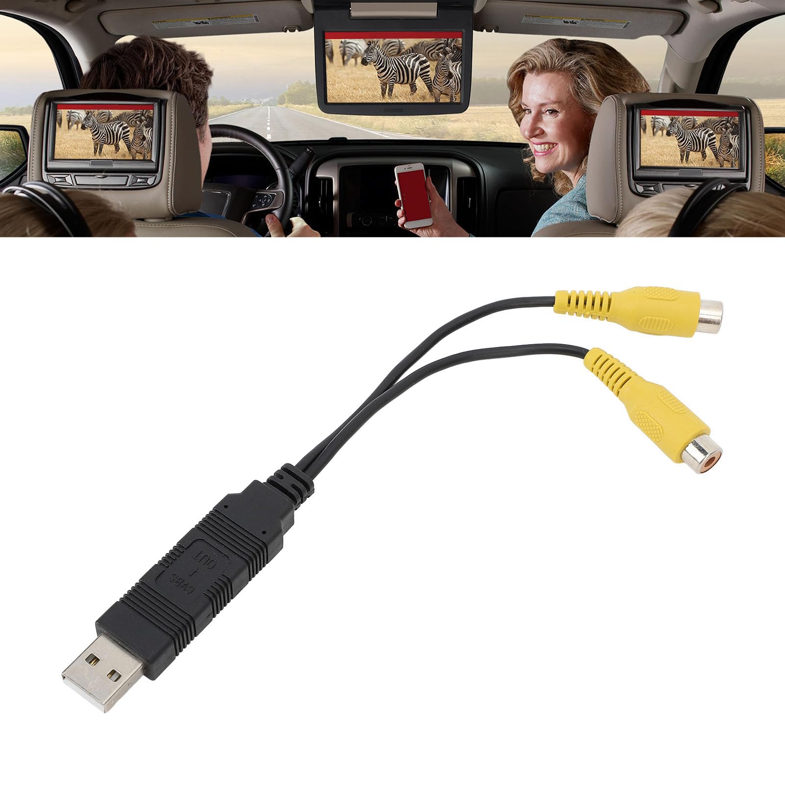 USB to CVBS Video Output Adapter, HD Video Easy to Use, Fast, Universal Fit, for Car Radio AV OUT to Headrest and Ceiling Screen