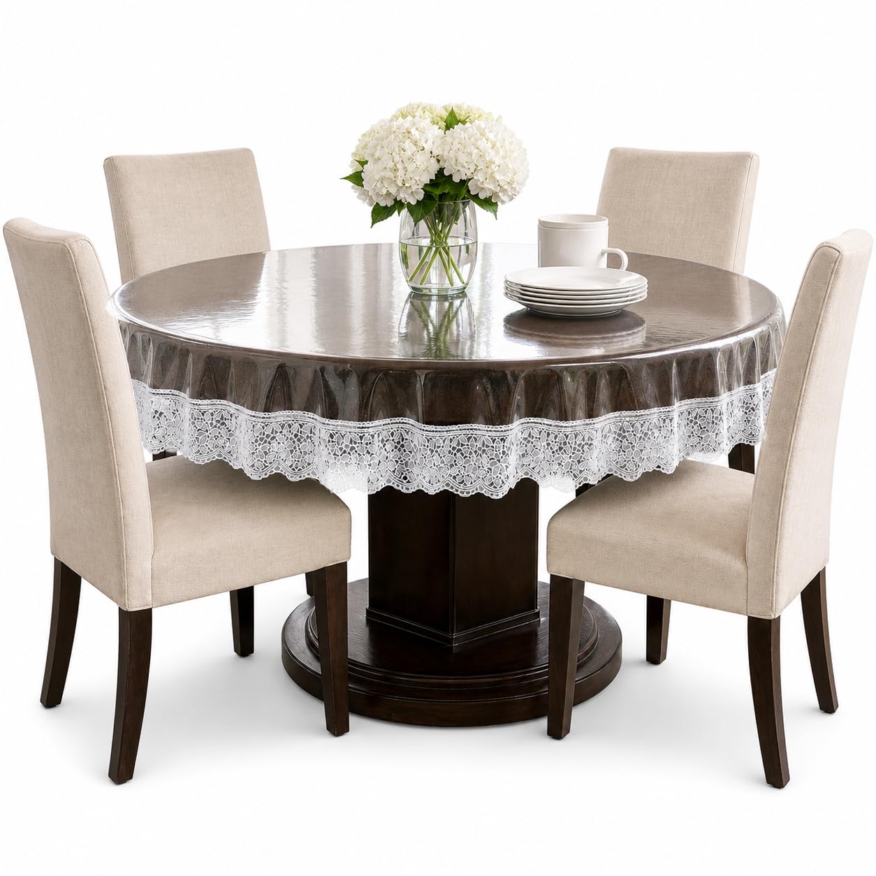 CASA-NEST PVC Waterproof 4 Seater Round Table Cover with Lace (60inch, White,PVC, Pack of 1)-picture-13