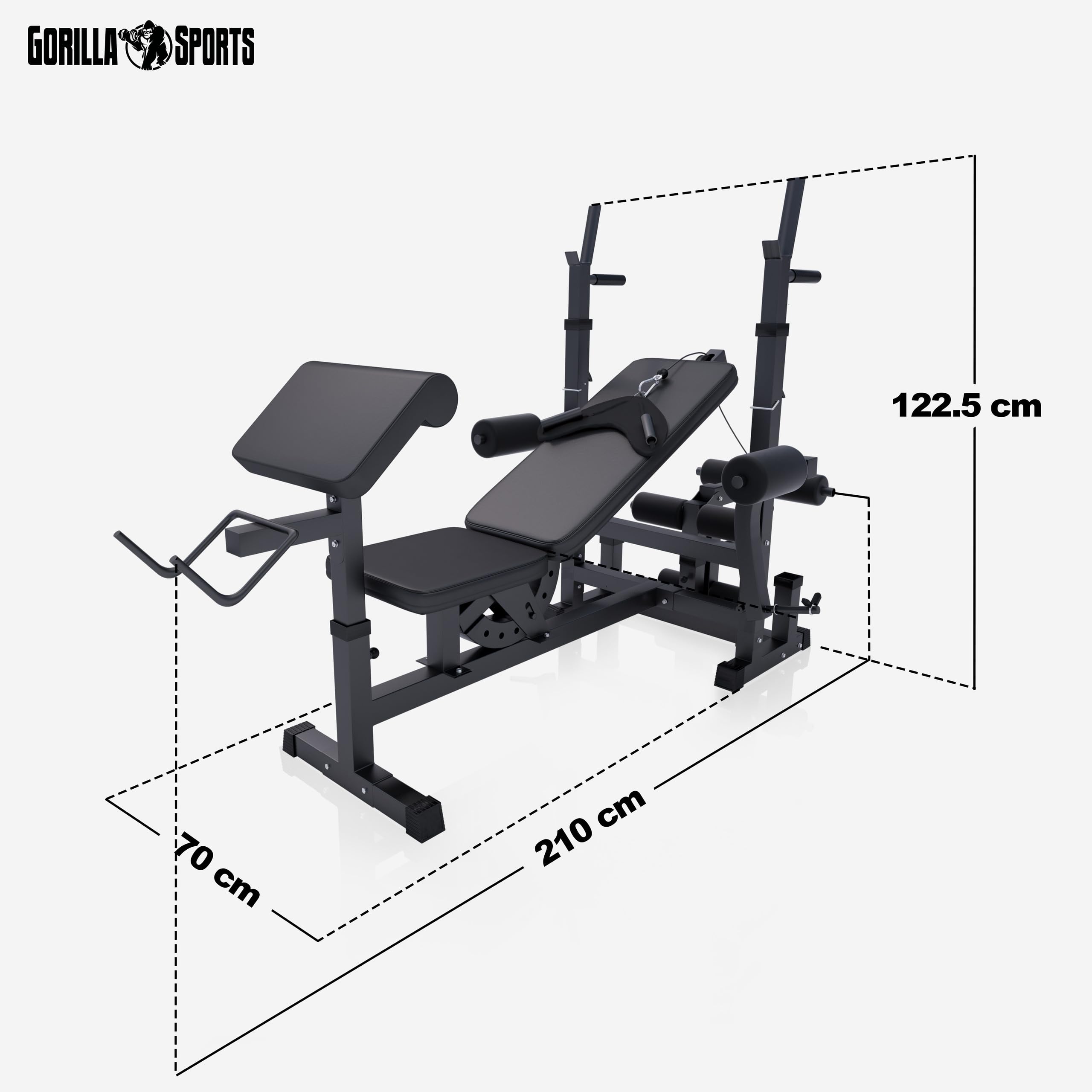 GORILLA SPORTS® Hantelbank mit 100 kg Hantelset und Latzug , Ablage | Mit verstellbarer, Dip-Station, Butterfly, Curlpult und Beincurler, bis 280 kg; Multifunktionsbank und Kraftstation