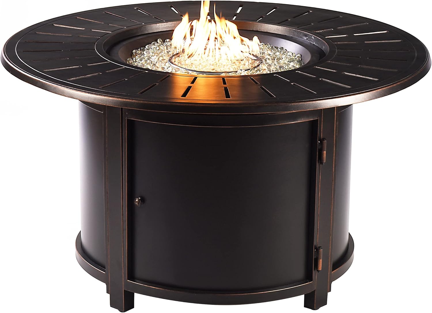 Oakland Living Aluminum 57,0000 BTU 44 in. Round Propane Black Fire Pit Table with Fire Beads, Lid, Propane Tank Cover and Table Fabric Covers in Copper Finish, (AZNOBU-FPT-AC)