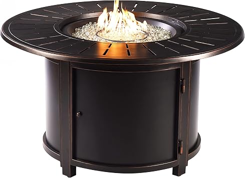Oakland Living Aluminum 57,0000 BTU 44 in. Round Propane Black Fire Pit Table with Fire Beads, Lid, Propane Tank Cover and Table Fabric Covers in Copper Finish, AZNOBU-FPT-AC