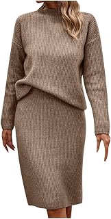 Women's Casual 2 Piece Outfits Sweater Sets Ribbed Knit Pullover Tops Long Sleeve and Midi Skirt Sets