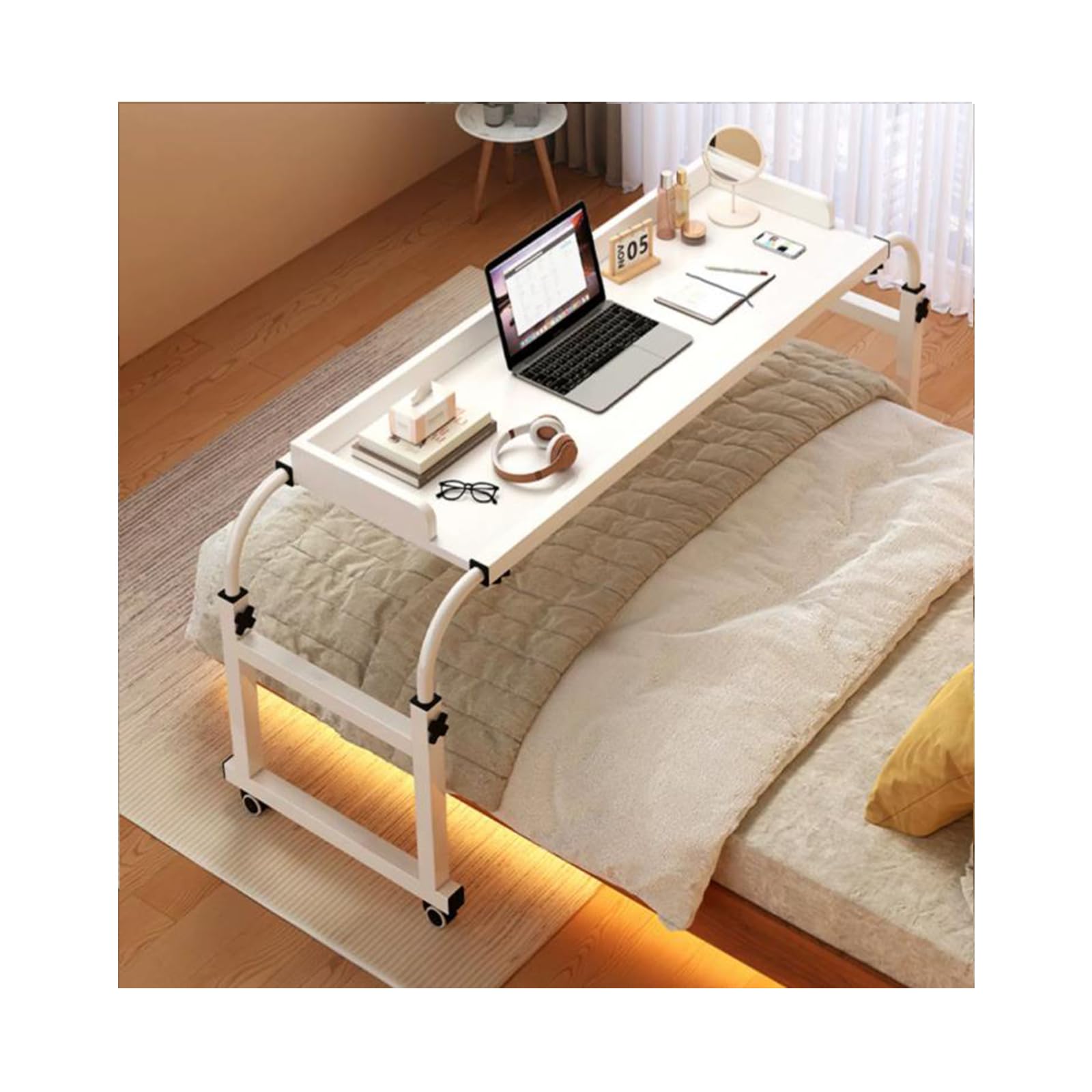 CGCSYZ Laptop Table Overbed Desk Computer Desk Standing Workstation Food Tray Desk Overbed Table With Wheels Height Adjustable For Twin/Full/Queen/King Size Bed (White)