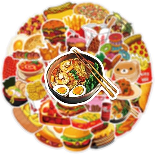 Miniatura 5 de Calcomanías de comida, 50 unidades, lindas calcomanías de comida rápida, chips de hamburguesa, deliciosas calcomanías estéticas impermeables para