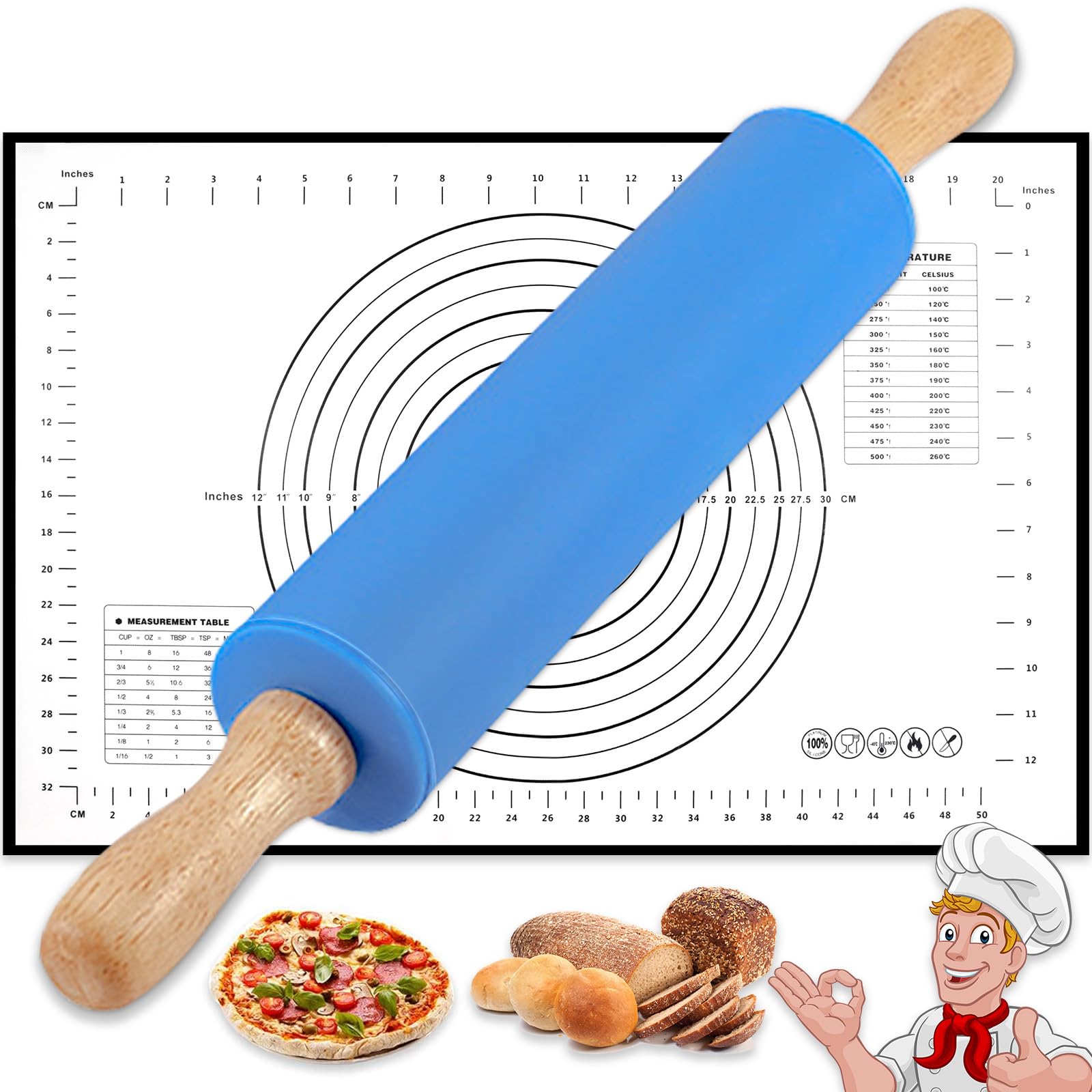 Rolling Pin with Baking Mat, 17 inch Stainless Steel Revolving Silicone Rolling Pins for Baking with Silicone Mat & Wooden Handle, Blue Large Dough Roller Non-Stick for Pizza, Pasta, Cookie, Pie Crus
