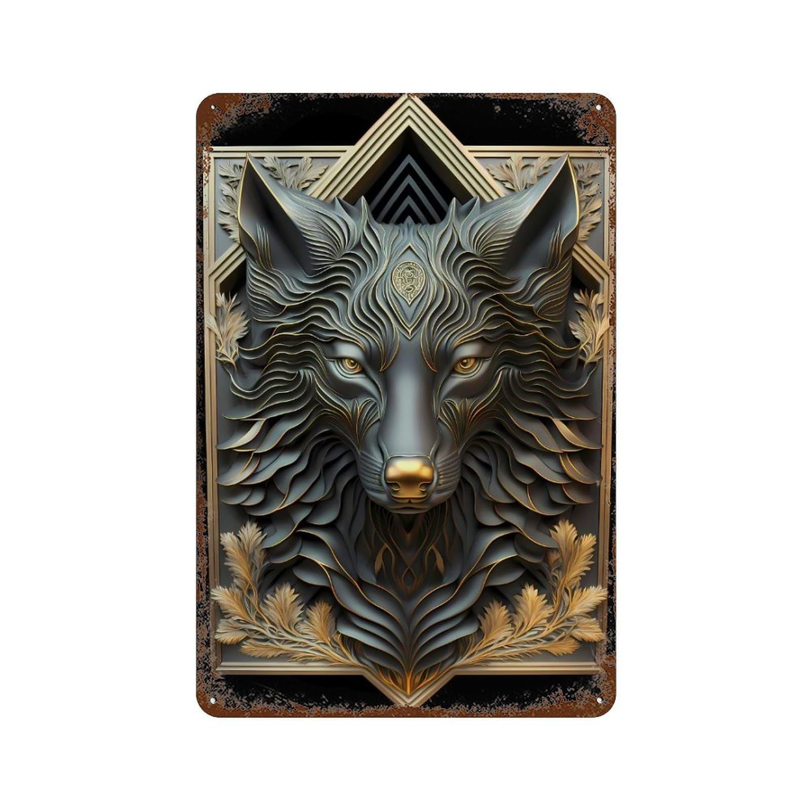 Rust Effect Legendary Golden Wolf Rusty Metal Tin Sign 11.8"x7.9", Industrial Home Decor for Living Room, Hallway And Home Decor