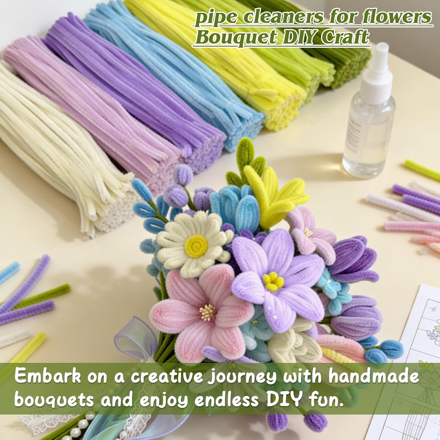 976PCS Pipe Cleaners,Pipe Cleaner Bulk Flowers Kit,7 Colors Chenille Stems for Flower Bouquet Making with Craft Wire,Stamen,Tape,Ribbon & More for DIY Projects & Arts (Spring Colour)