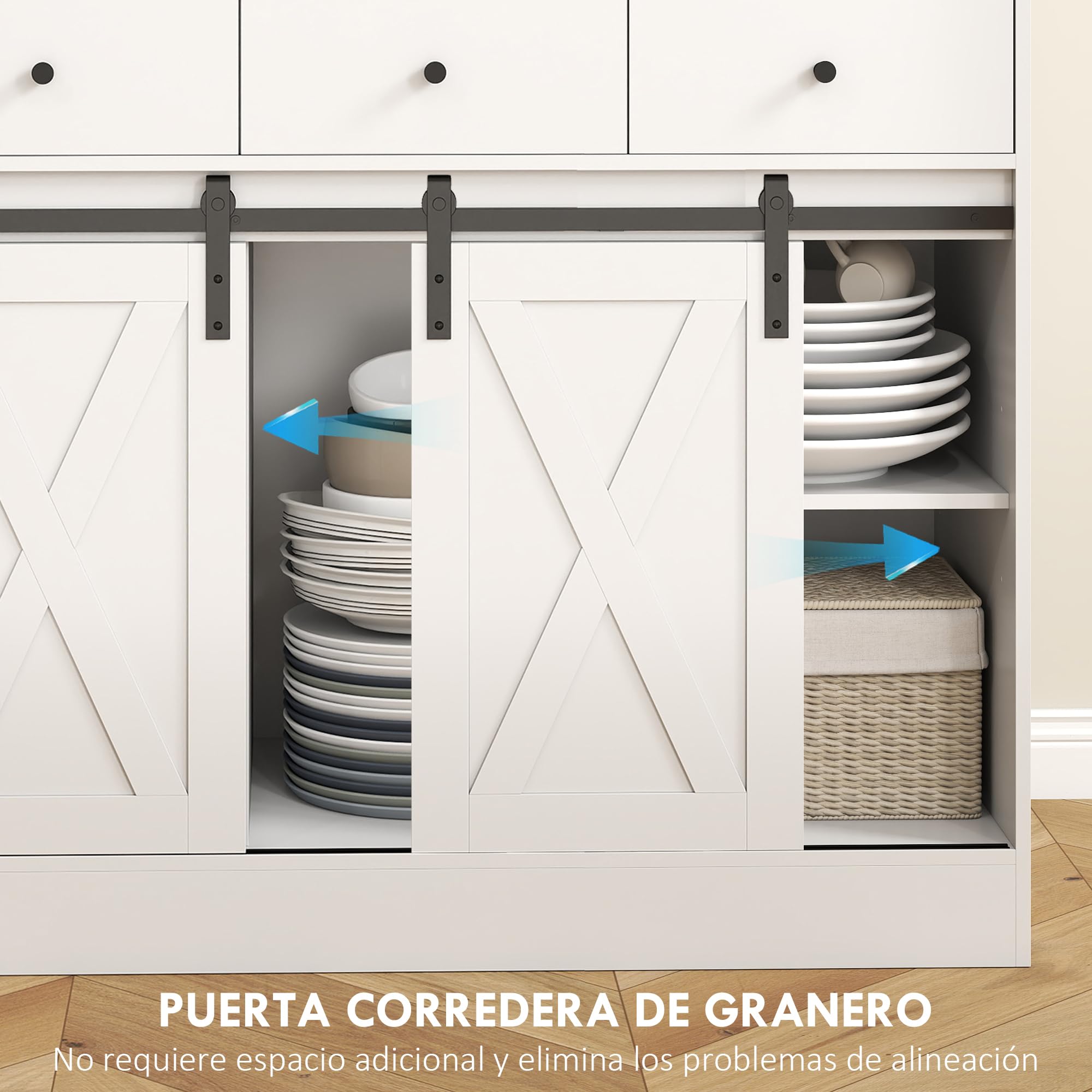 HOMCOM Alacena de Cocina Mueble Auxiliar con Encimera para Microondas, 2 Puertas Corredizas y 3 Cajones, Estantes Regulables, Estilo Granja, 93,5x40x180 cm Blanco