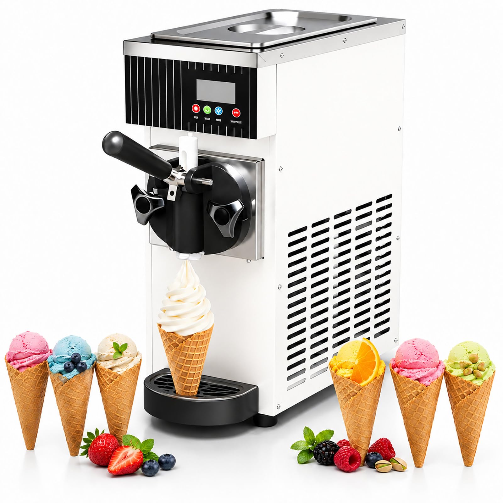 vnmudzeo Soft Serve Ice Cream Machine - Countertop Single Flavor Maker, 450W, 2.5L Hopper, 33.8oz Freezing Cylinder, Auto Clean for Snack Bars White