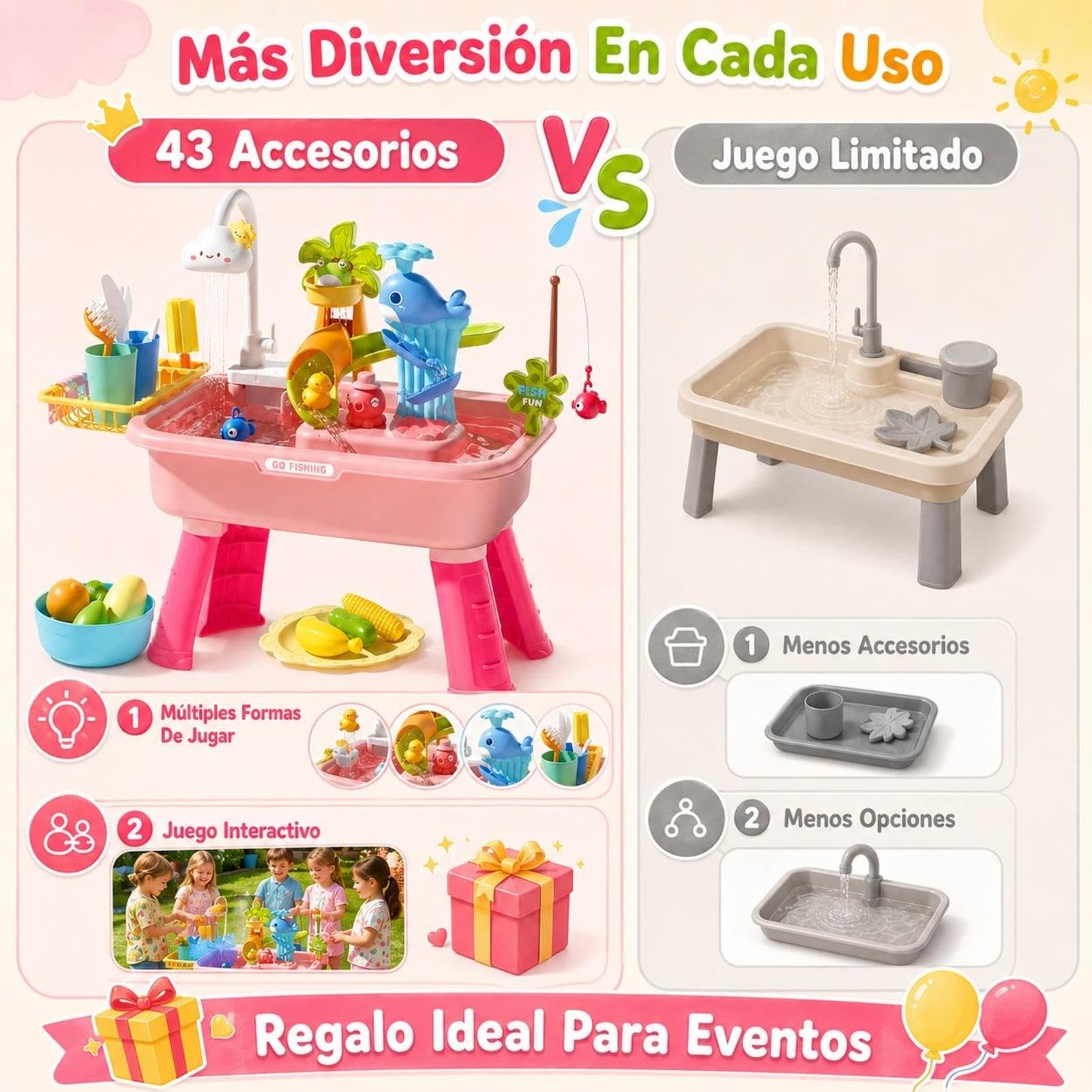 Genérico Mesa De Agua para Niños Y Niñas De 4 A 8 Años - Fregadero De Juego con Bomba | Incluye Tobogán, Pesca 43 Accesorios | Gracioso para Piscina Exterior Y Verano