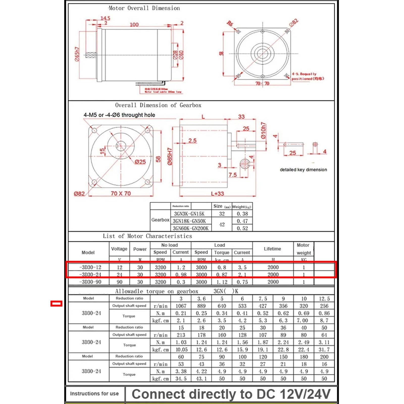 1 Uds. Motor de engranaje de Control de velocidad de 12V CC con soporte 30W 70x70mm marco 3D30GN-C Motor reductor de velocidad ajustable CW CCW Reducción de par(200rpm)