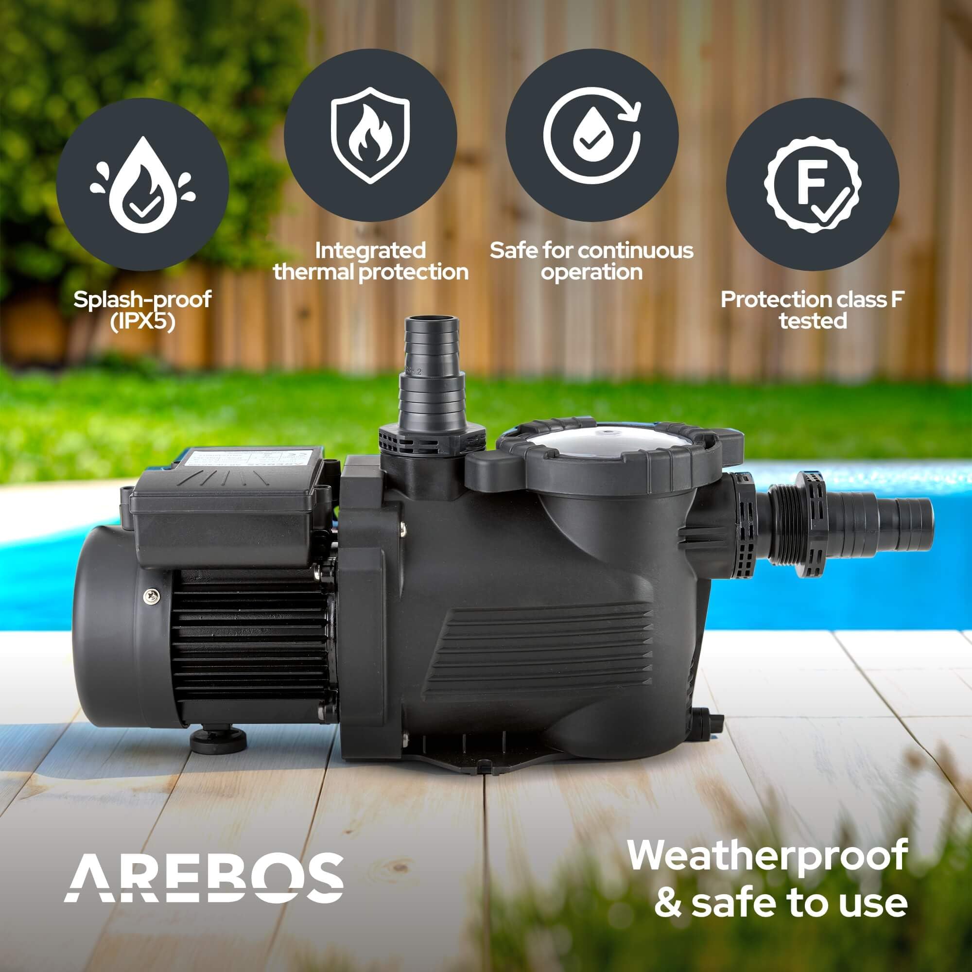 Arebos Bomba de piscina 350W | bomba de filtración con prefiltro y 9500 l/h | bomba de piscina para sistema de filtración de arena y sistema de filtración | potente y energéticamente eficiente