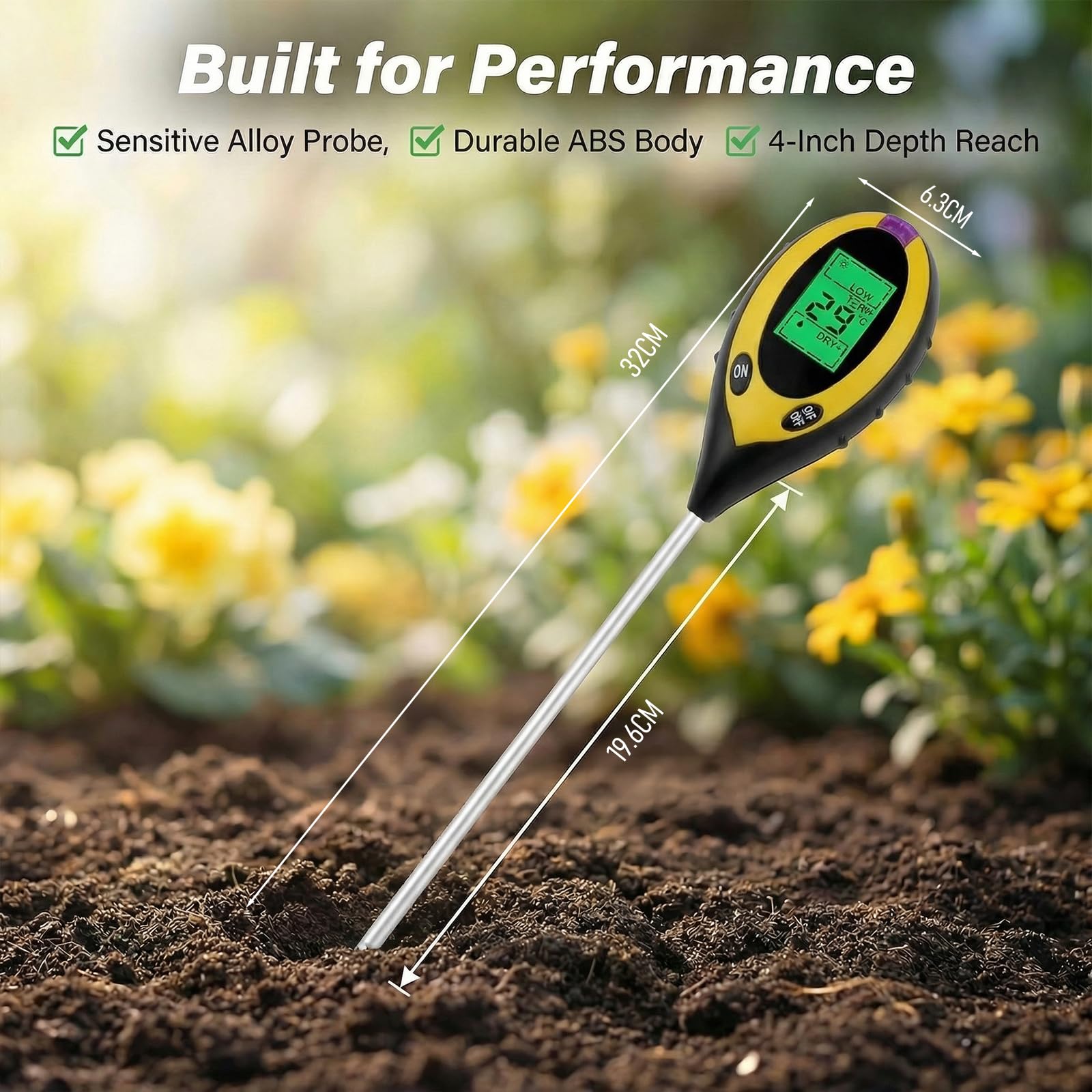 4 en 1 Testeur Ph Sol, 2 Pièces Testeur Humidité Plante, Humidité/PH/Température/Ensoleillement, Testeur Humidité Plante, Concerner Jardins, Fermes, Plantes D'Intérieur et D'extérieur