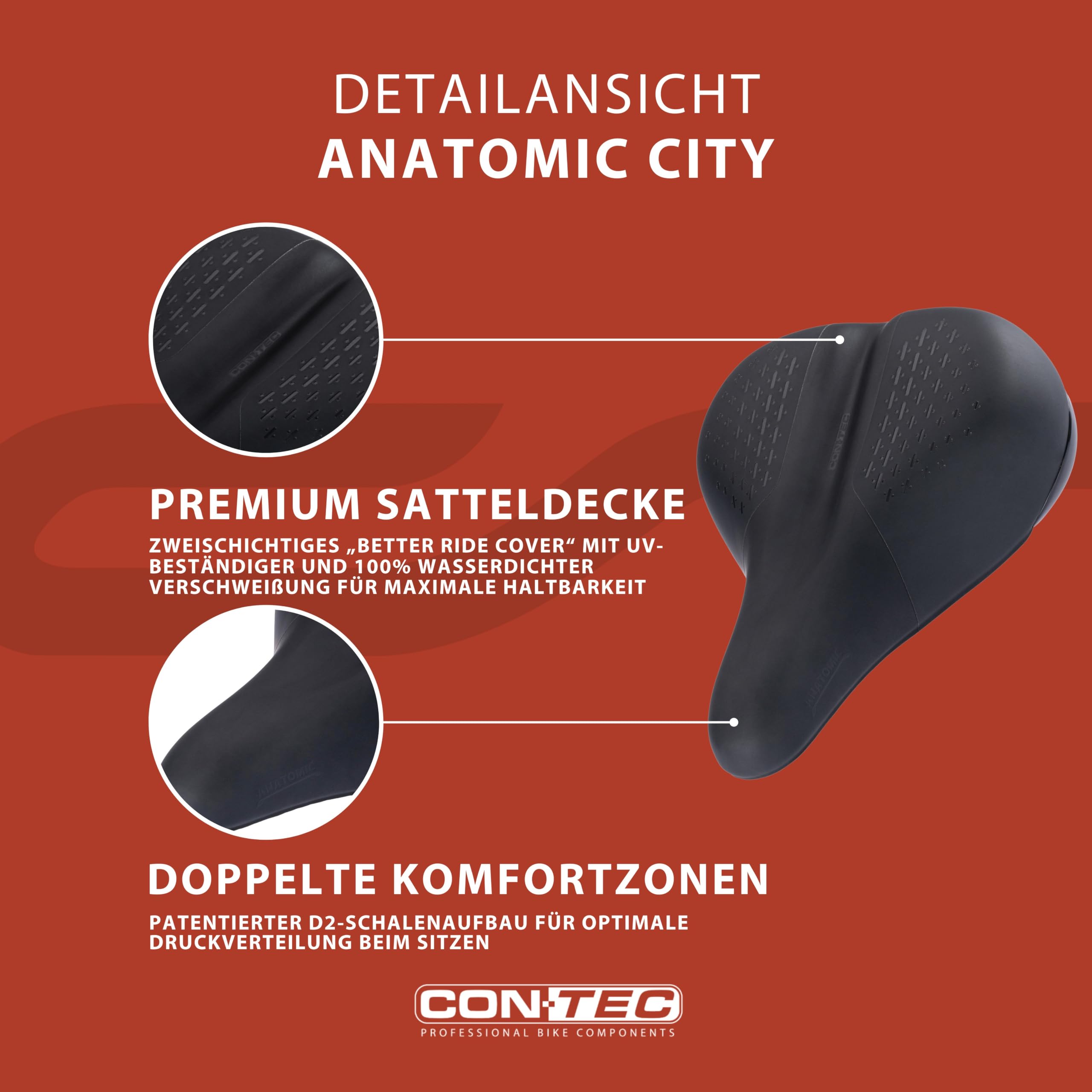 CONTEC Fahrradsattel Anatomic City, aus Polyurethan, Stoßdämpfend, bequemer Fahrradsattel, inkl. Skala, Ergonomischer Fahrrad Sattel für Herren & Damen, schwarz
