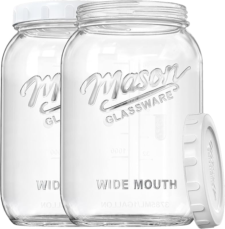 2 Pack Wide Mouth Mason Jars with Airtight Lid and Silicone Gasket | 1 Gallon Large Glass Containers for Food Storage like Flour Sugar, Sun Tea, Kombucha, Refrigerator Safe Fermentation Jar