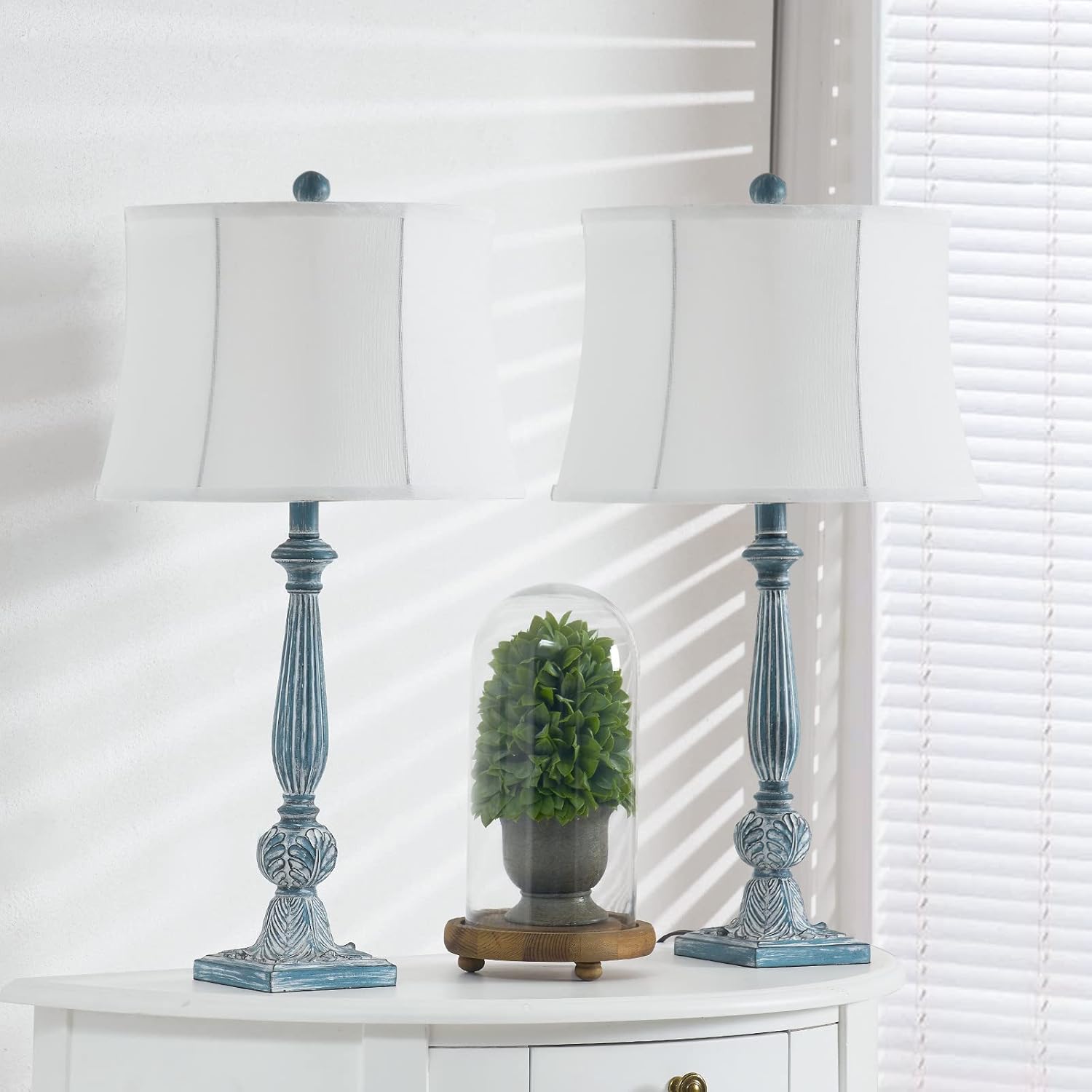 Maxax 27.5" Farmhouse Table Lamps Set of 2, Antique Blue Bedside Nightstand Lamps, 3-Way Dimmable Rustic End Table Lamps with White Bell Fabric Shade for Living Room Bedroom Office