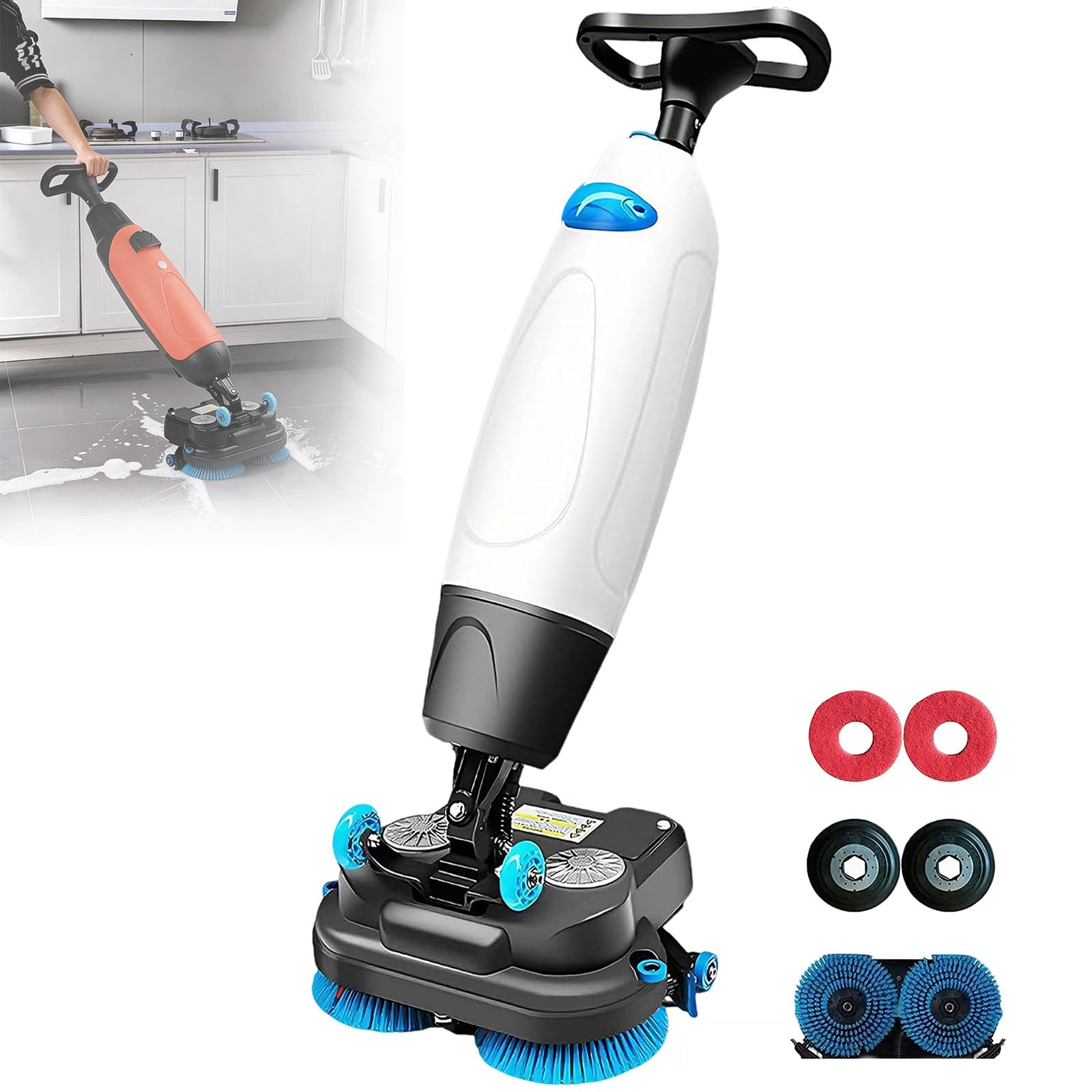 Máquina de limpieza de suelos comercial con cabezal giratorio de 360° y cepillos dobles para un mantenimiento eficiente en cocinas, escuelas, hoteles y fábricas