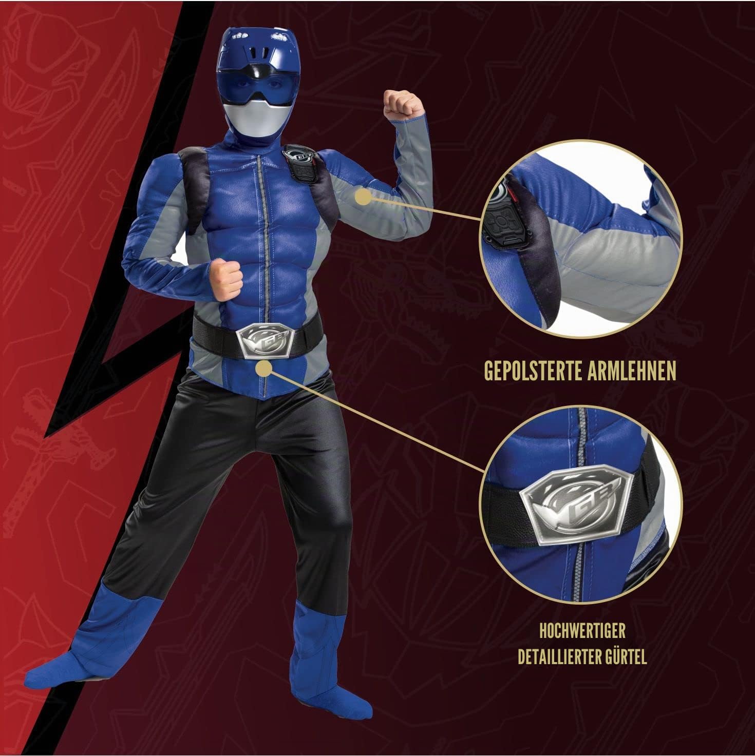 Disguise Offizielles Power Rangers Kostüm Kinder Blau Muskelkostüm, Superhelden Kostüm für Kinder Junge Mädchen Power Ranger Faschingskostüm Karneval Geburtstag Costume Größ S