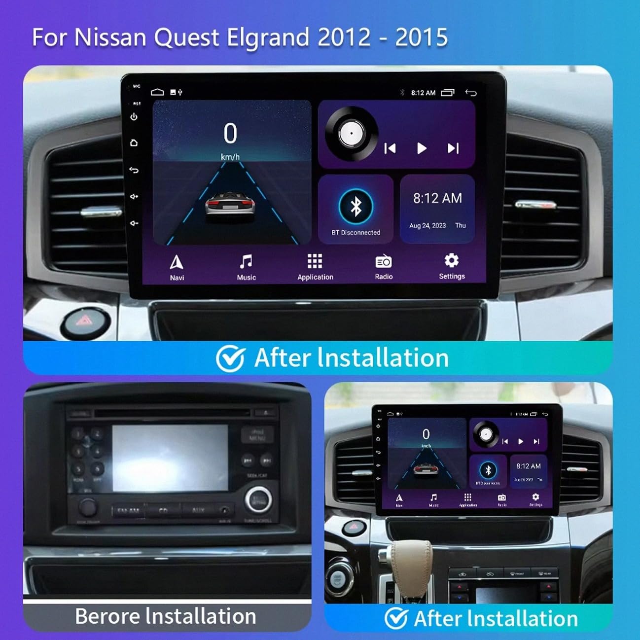 Radio Macchina Touch Screen per Nissan Quest Elgrand 2012-2015 Wireless Carplay Android Auto Stereo Auto Bluetooth Ips con Pantalla Táctil con Gps, 8 Nucleo 8G+256G