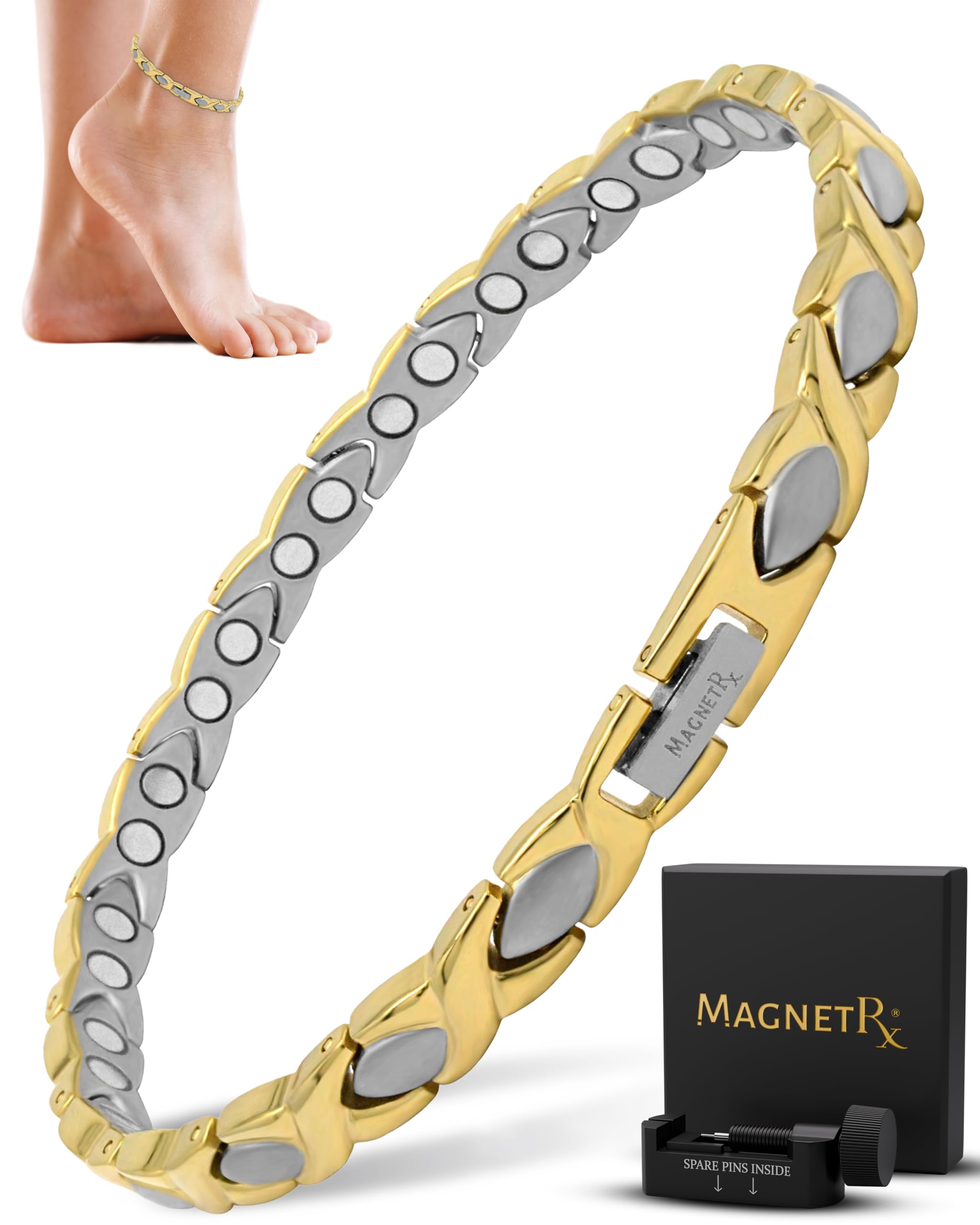 MagnetRX Titanium Magnetic Bracelet – Ultra Strength Magnets Anklet for Women (Silver &amp; Gold)