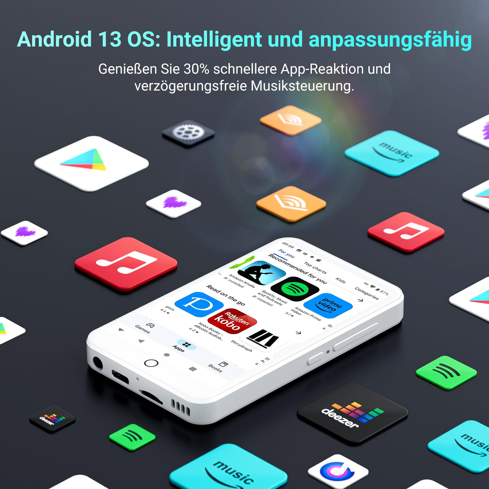 96GB MP3 Player mit Bluetooth und WiFi, Android 13 MP3 MP4 Player mit 4“ Touchscreen und Lautsprecher, 3GB RAM & 32GB ROM, Spotify Music Player mit Audible, Play Store