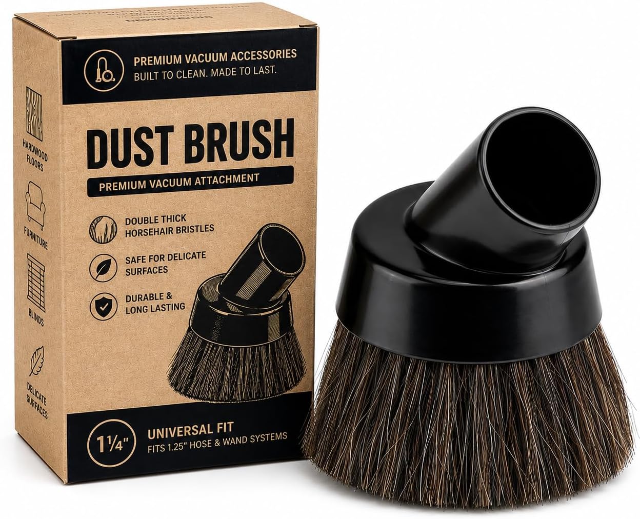 Premium 1-1/4" Dust Brush with Double Thick Soft Horsehair Bristles – Universal Vacuum Attachment for Hardwood, Furniture, Blinds & Delicate Surfaces – Fits 1.25" Hose & Wand Systems