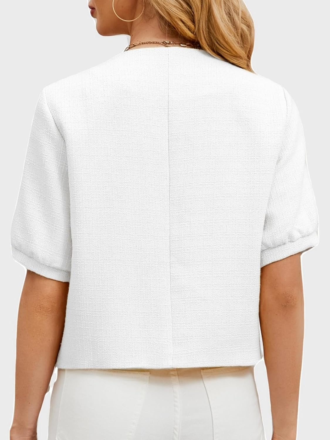 LifeShe Puff Short Sleeve Tweed Jacket Women Cropped Jackets Summer Open Front Office Work Blazer Coat - Image 2