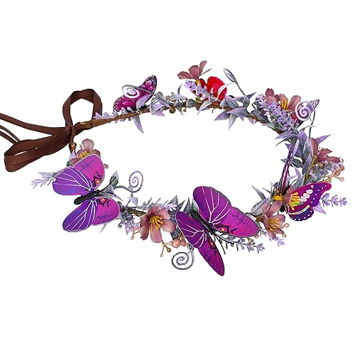 Miniatura 8 de MOSTORY Corona de mariposa de flores rosas hecha a mano, diadema de elfo de hada, bosque, bohemio, corona de elfos del bosque para mujeres,