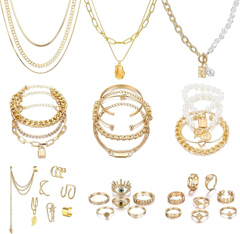 IFKM Conjunto de joyería chapada en oro para mujer, collares multicapa chapados en oro de 14 quilates, pulseras apilables, anillos apilables para nudillos, pendientes de aro, conjunto de aniversario, elegancia, aniversario, regalo de cumpleaños
