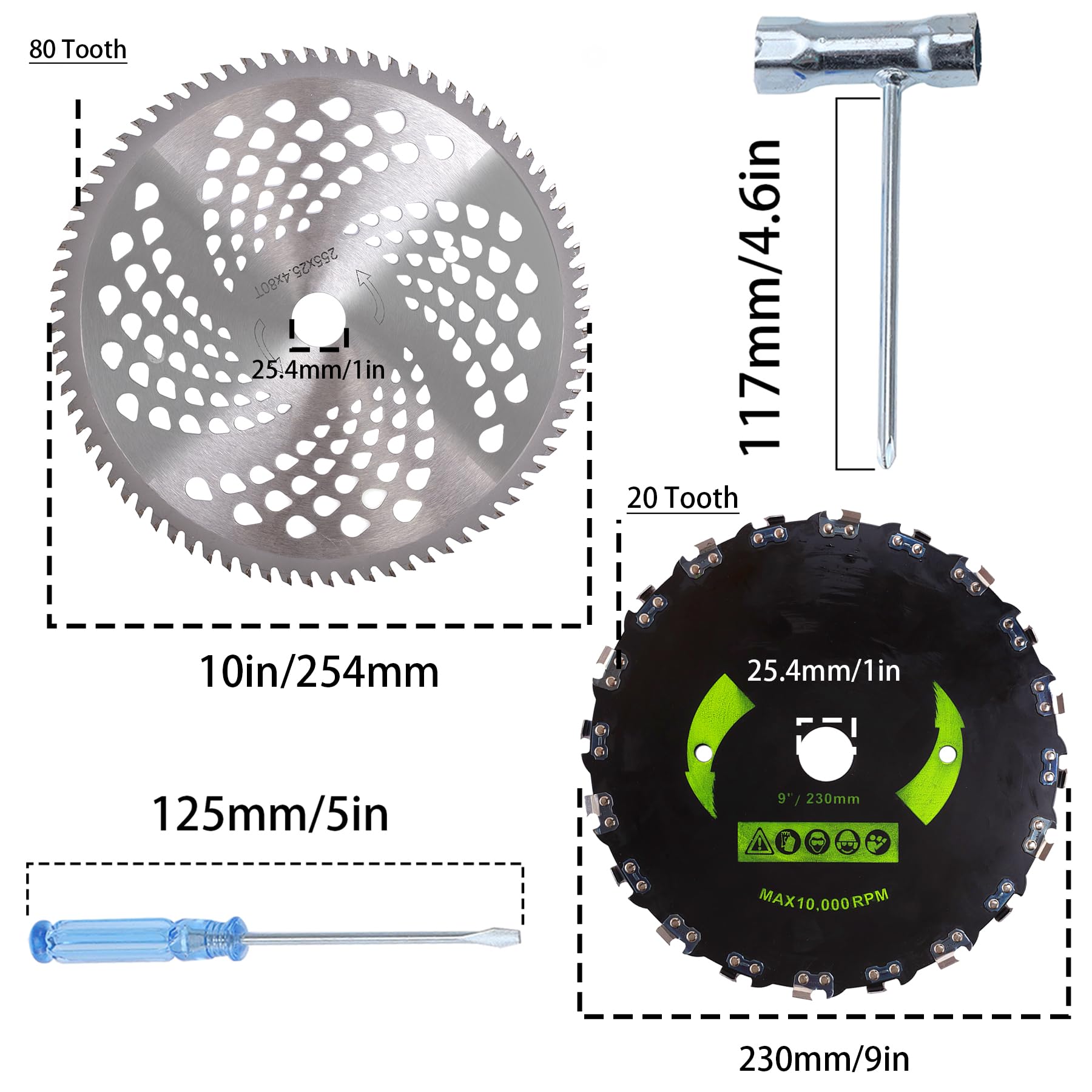 PLAXNS Cortador de Dientes de Motosierra de 9 Pulgadas x 20T, Cuchillas de Cepillo de Punta de carburo de 10 Pulgadas x 80T con Kit Adaptador Universal, Cabezal de Corte de Acero Inoxidable de Alta