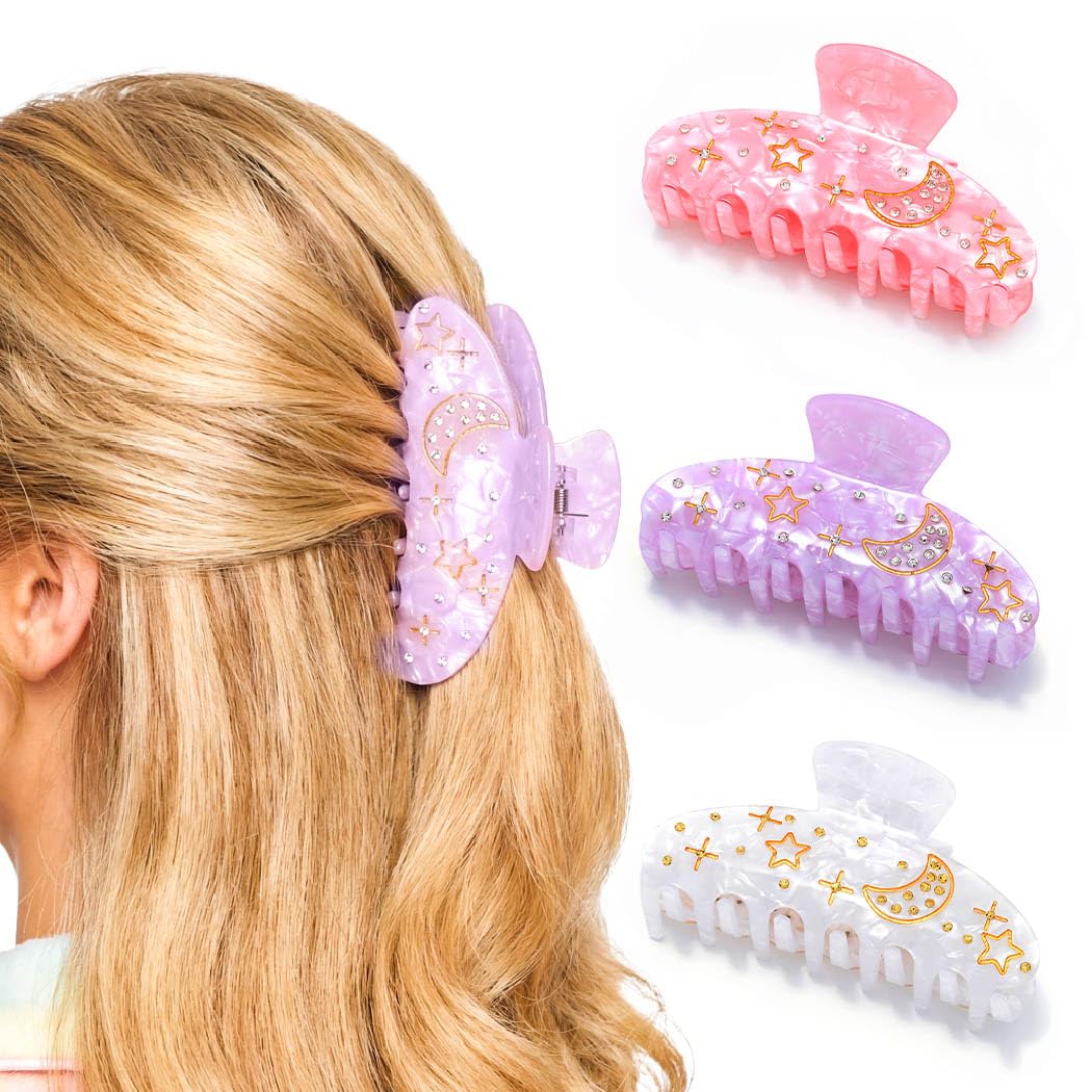 Campsis Acrylic Hair Claw Pink Hair Clips Medium Star Moon Hair Claw Clips for Women and Girls(Pack of 3)