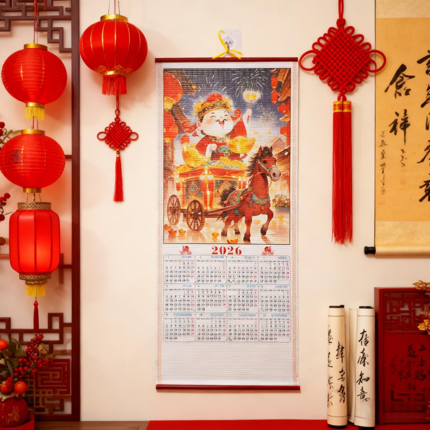 KYMY Chinese Spanish Wall Scroll Calendar, 2026 Lunar Year of The Horse Imitation Rattan Calendar, Asian New Year Zodiac Feng Shui Monthly Hanging Decoration for Home Office (Red)