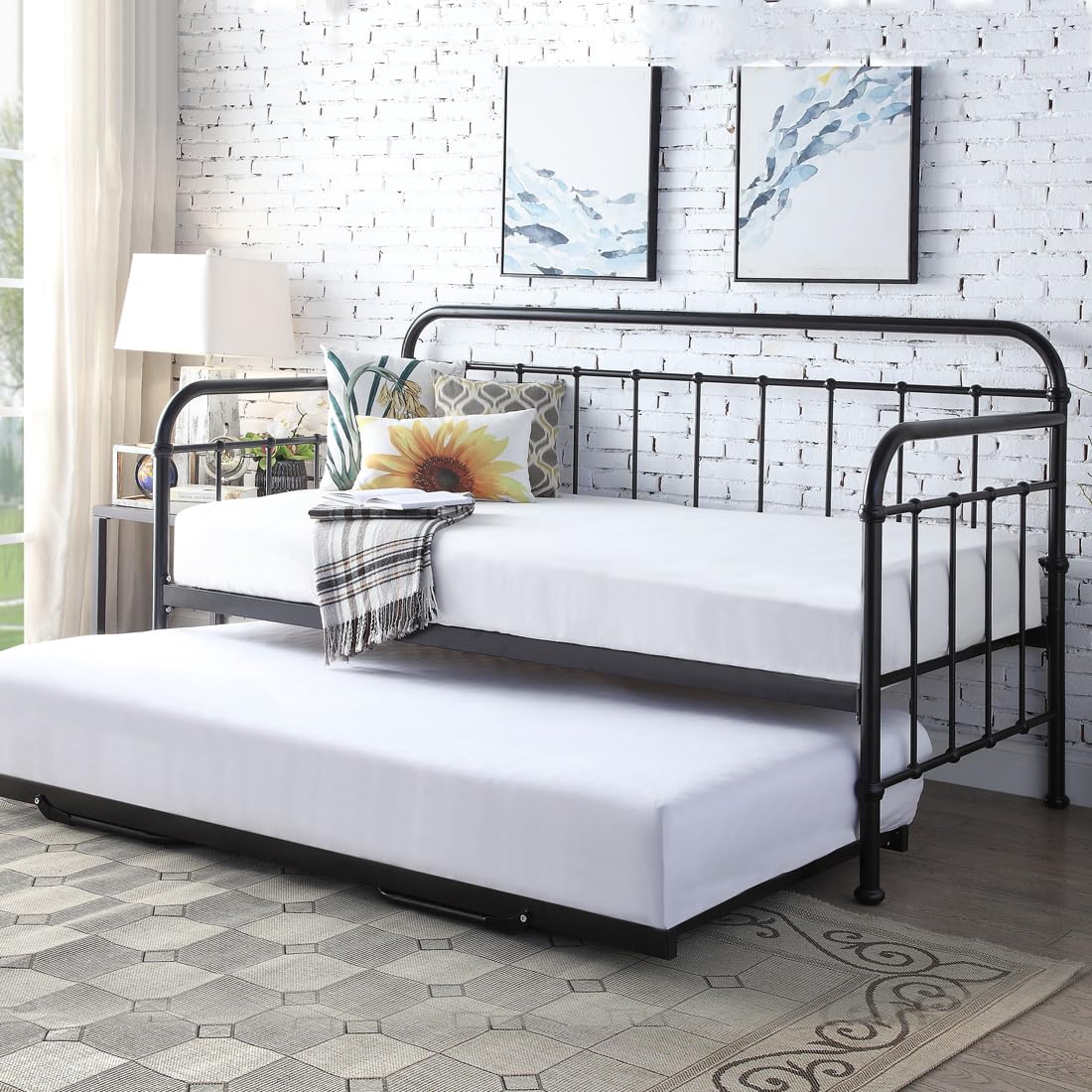 ICKLEFORD INDUSTRIAL LIVING ROOM BEDROOM METAL DAY BED FRAME w GUEST TRUNDLE (Black)