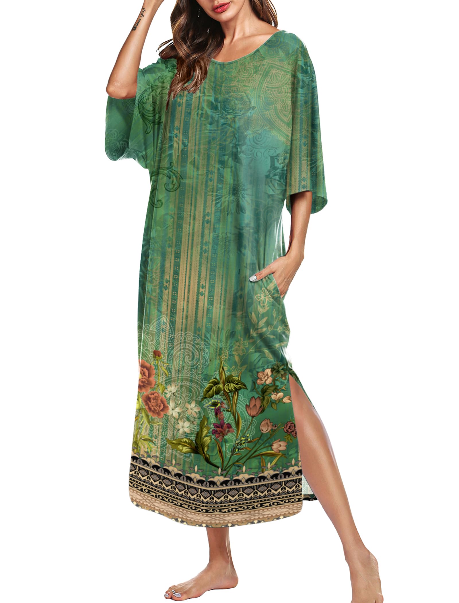 Ekouaer Long Nightgowns for Women Short Sleeve Night Gowns with Pockets | Casual Maxi Lounge Dress, Round Neck Sleep Dress, Plus Size House Dress, Side Split Sleepshirts for Lounging, Home, Party