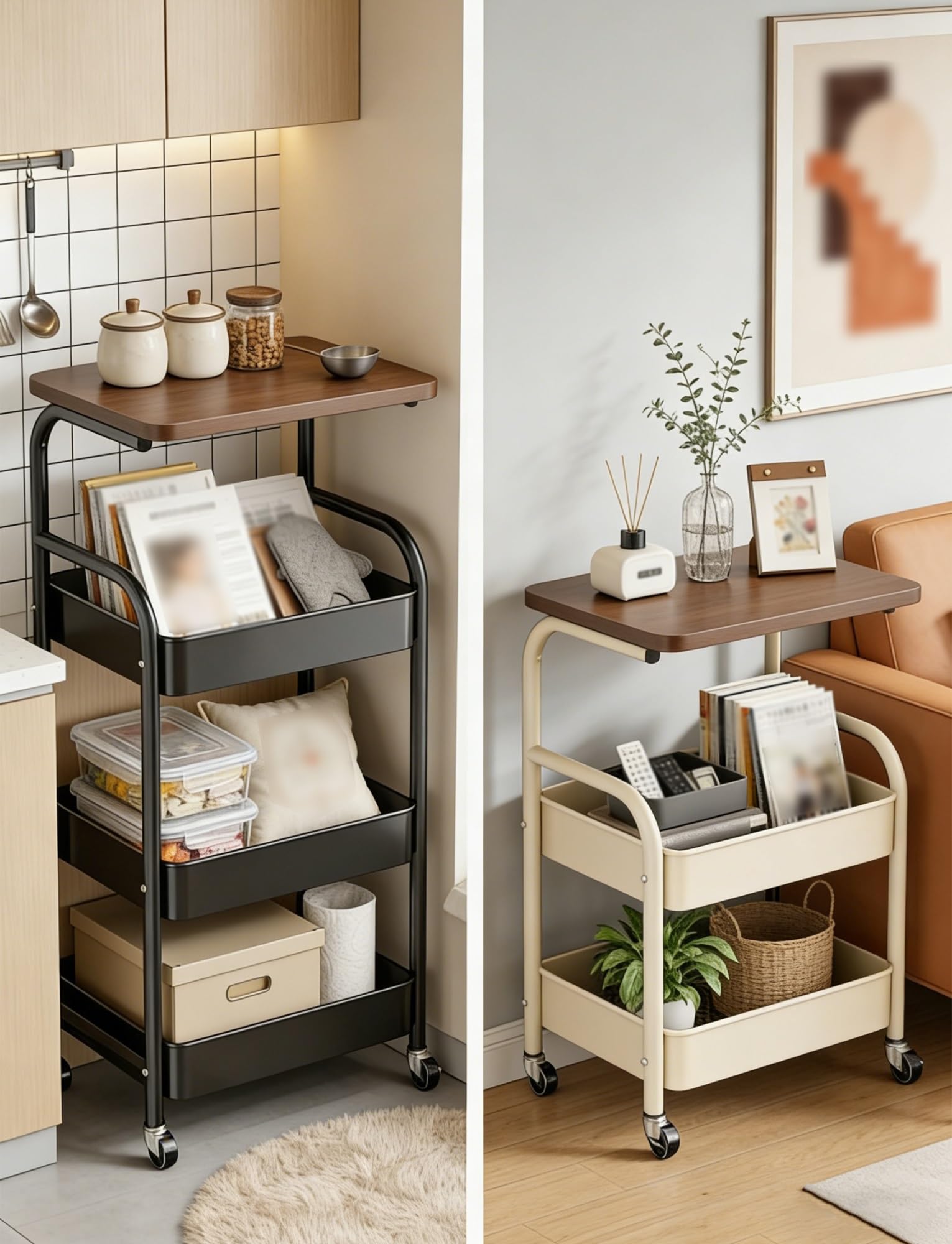 Generisch Aufbewahrungswagen auf Rollen | Rollbarer Beistelltisch mit Holzplatte | Küchen-, Badezimmer- und Wohnzimmer-Organizer | Snackwagen, Bücherwagen(A,17x11x40 in/44x30x103cm)