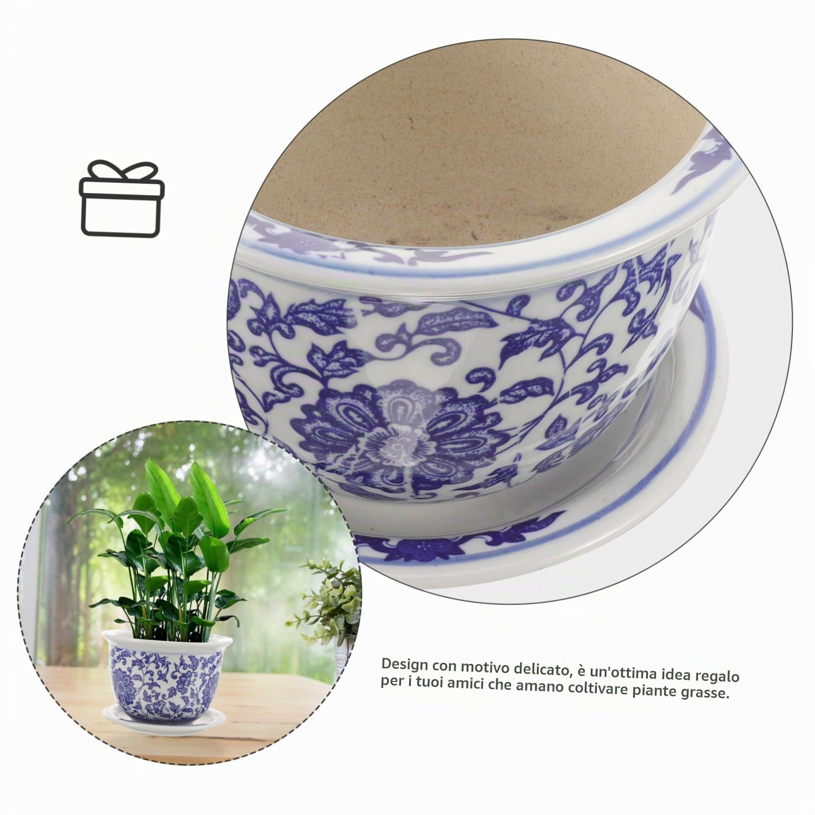 Vaso per Piante in Ceramica con Piattino, Vaso Decorativo Stile Cinese Blu e Bianco, per Balcone e Camera da Letto, Set per Fiori ed Erbe
