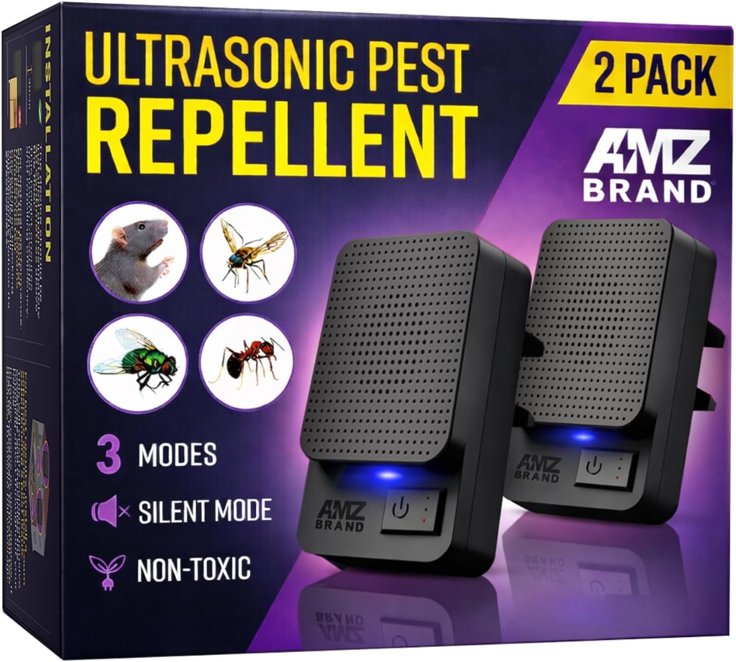 Ultrasonic Pest Repeller - 2 Pack | Powerful Rat & Mouse Repellent | 3 Strength Modes | Humane, Wide Frequency Range Pest Control Device | Repel Rodent, Mosquito, Insect, Cockroach, Fly, Ant