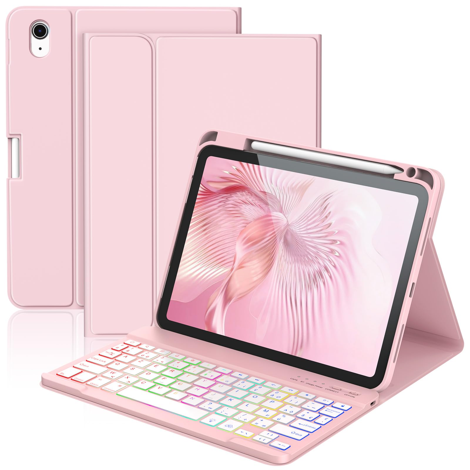 KBCASE Coque Clavier pour iPad A16 11/10 Ème Generation (11 Pouces 2025/10.9 Pouces 2022) Étui Keyboard Bluetooth pour iPad 10eme/11eme avec 7 Couleurs Rétroéclairées,Porte Crayon,AZERTY Français,Rose