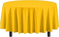Vista 2 de Exquisito mantel redondo de plástico Party Solids amarillo, 84 pulgadas, paquete de 4