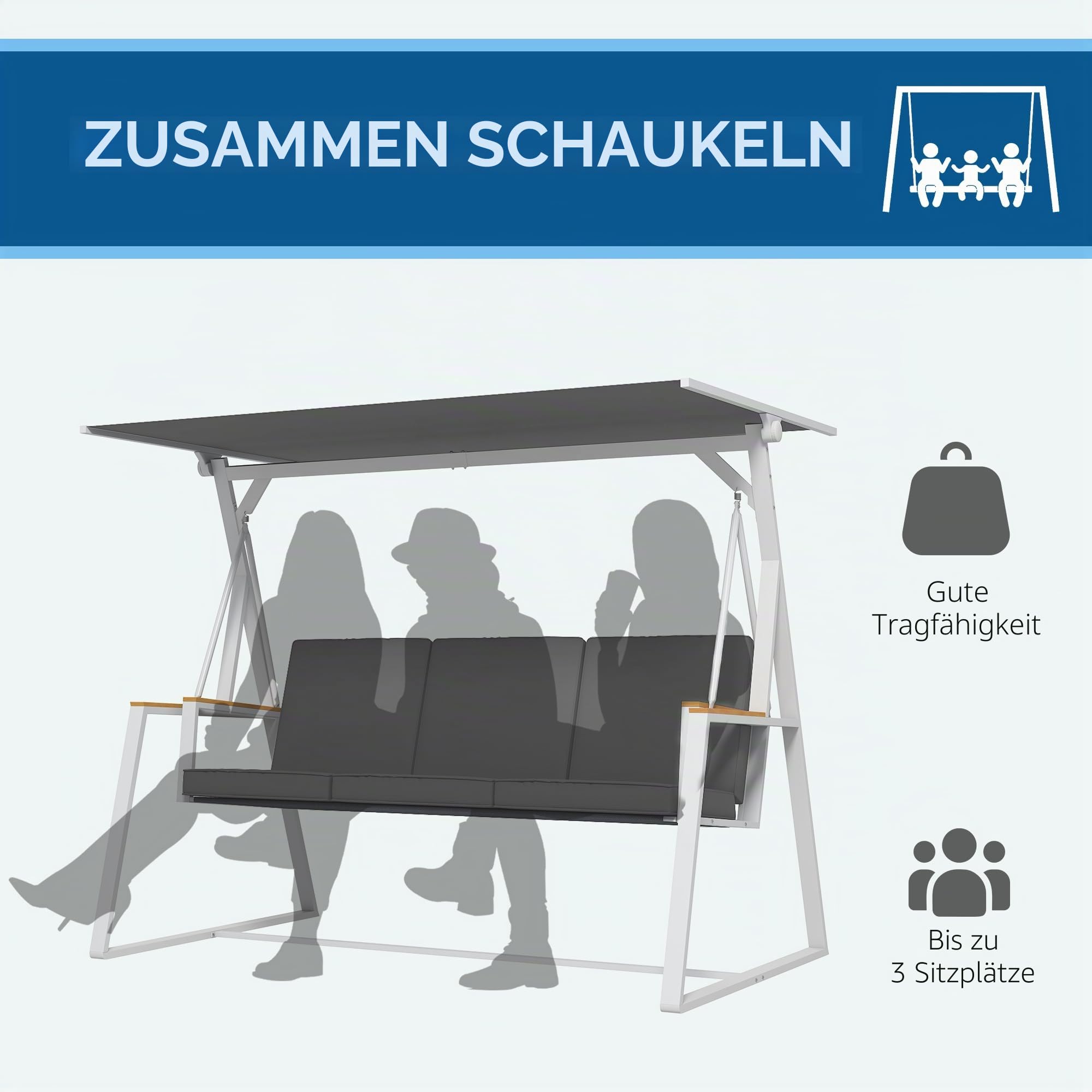 Outsunny Gartenschaukel, 3-Sitzer, mit Dach, verstellbare Neigung, Matratze im Lieferumfang enthalten, 205 x 130 x 175 cm, Stahlrahmen, dunkelgrau