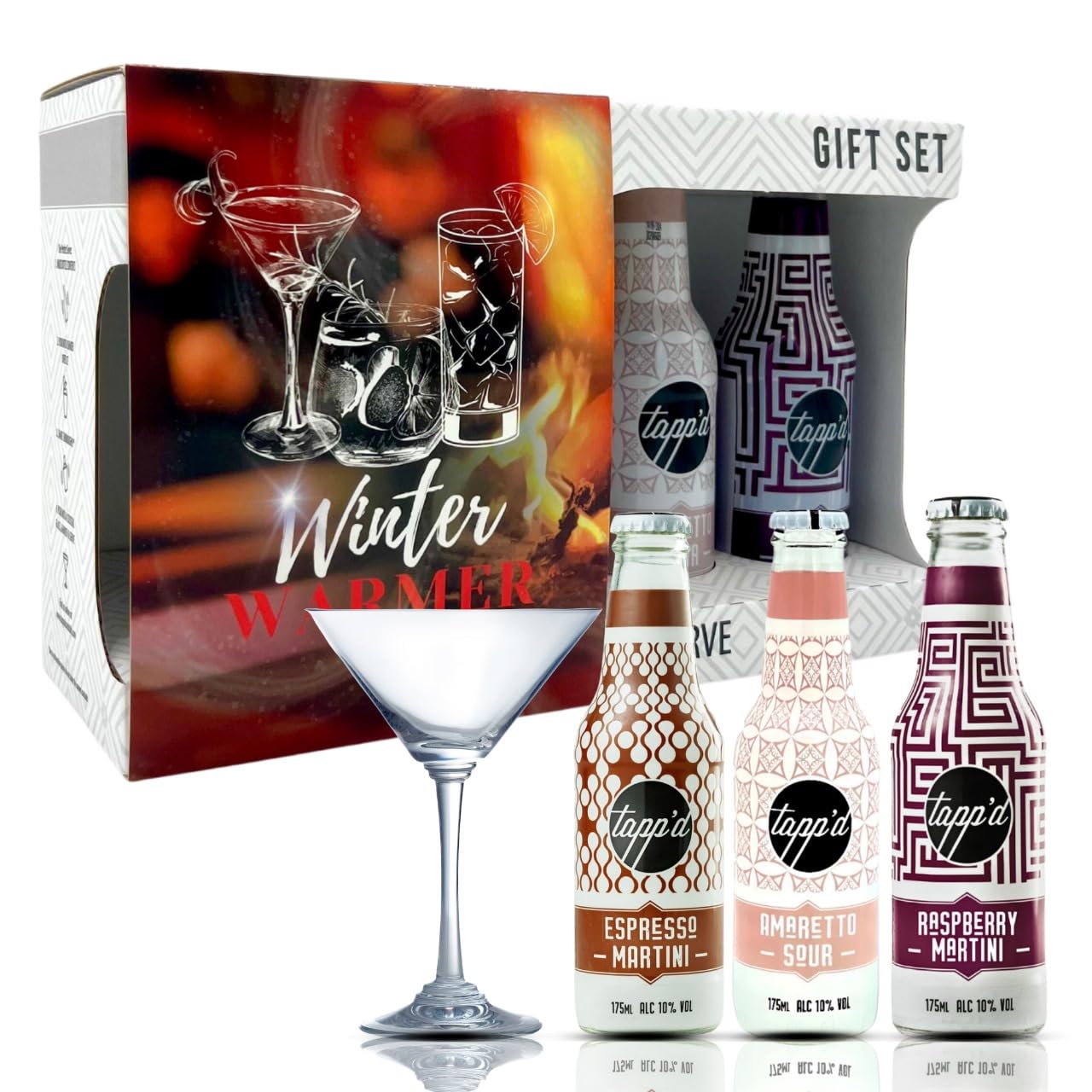 Winter Warmer Gift Set - Ready To Drink Bottled Cocktails 10% ABV - Amaretto Sour, Raspberry Martini & Espresso Martini with Martini Glass (3 x 175ml Bottles)
